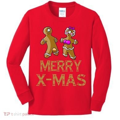 Merry X-Mas Funny Gingerbread Couple Kids Long Sleeve Shirt