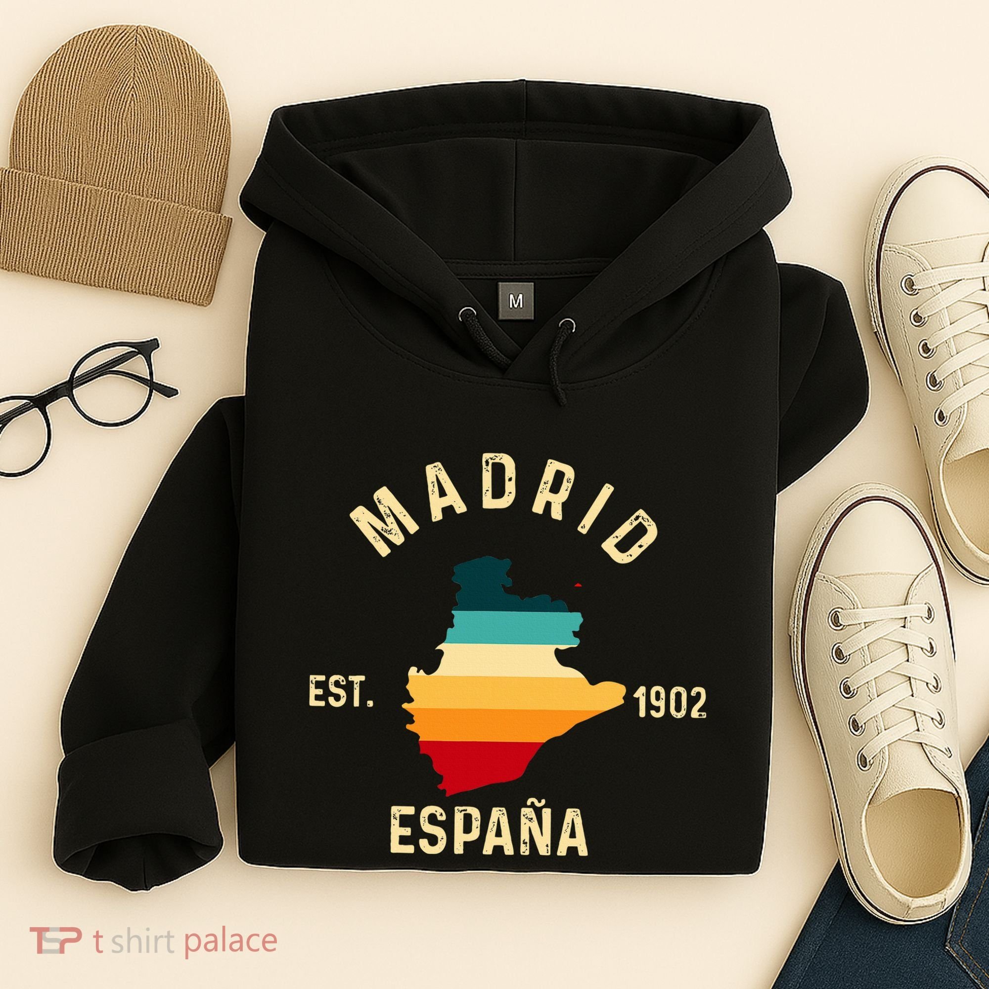 Madrid Espana Spain Est. Souvenir Flag Map Vacation Hoodie