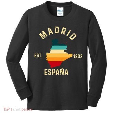 Madrid Espana Spain Est. Souvenir Flag Map Vacation Kids Long Sleeve Shirt