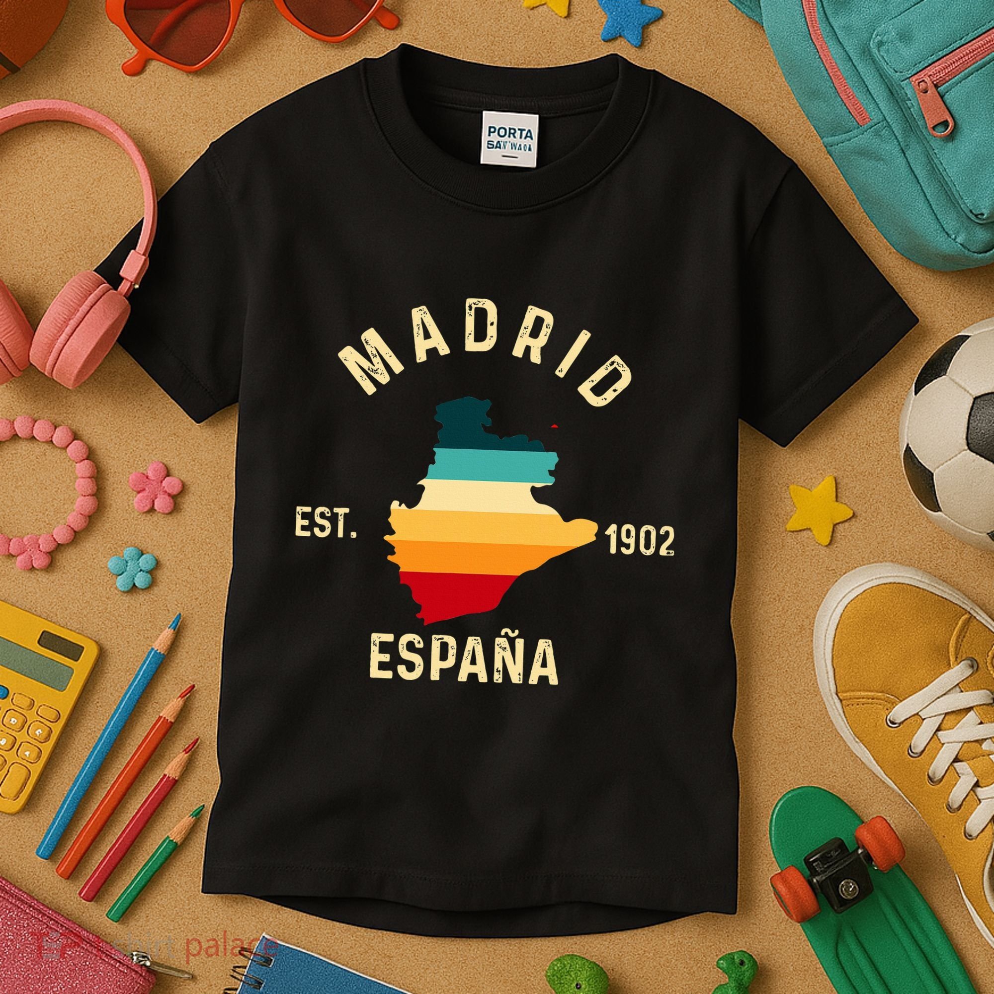 Madrid Espana Spain Est. Souvenir Flag Map Vacation Kids T-Shirt