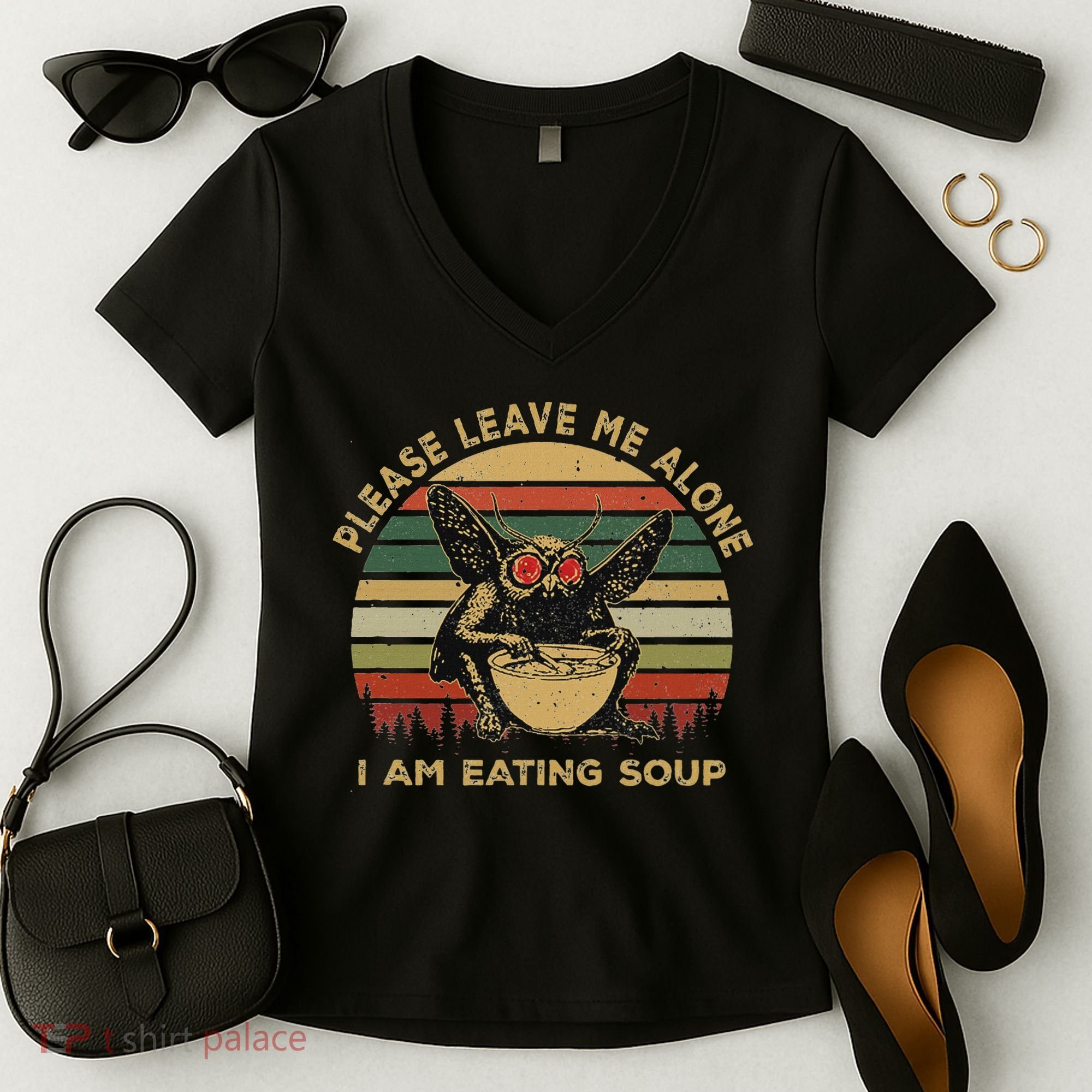Mothman Eating Soup Please Leave Me Alone I Am Eating Soup Women's V-Neck T-Shirt