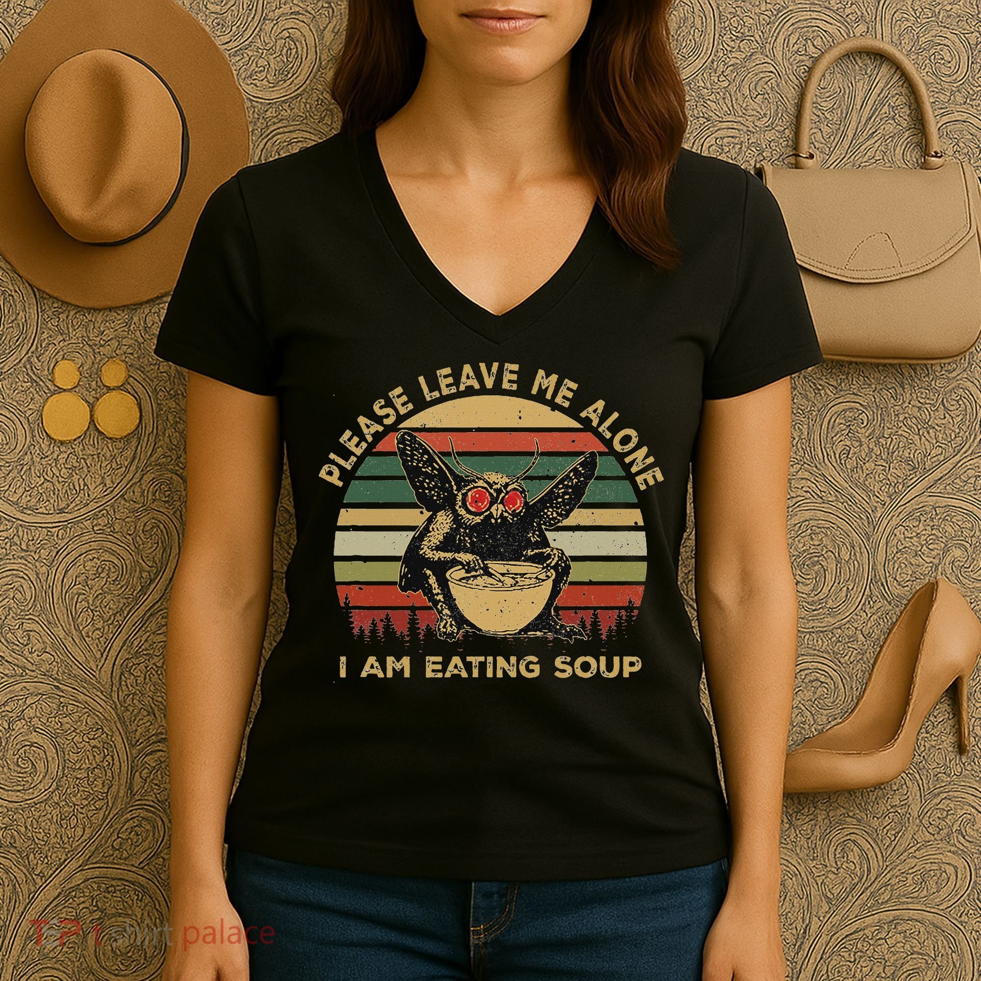 Mothman Eating Soup Please Leave Me Alone I Am Eating Soup Women's V-Neck T-Shirt
