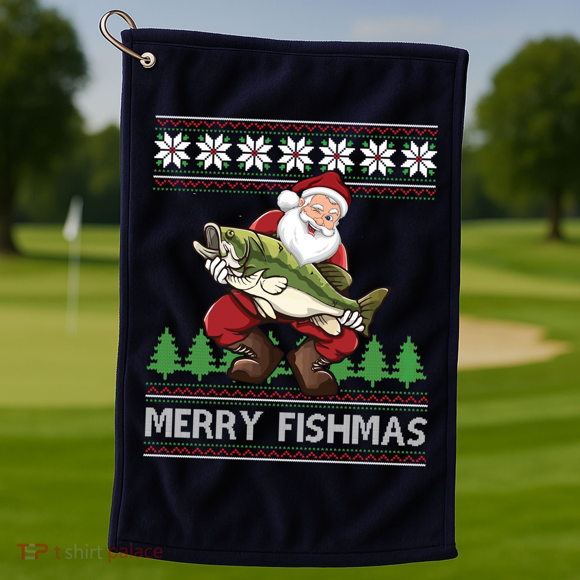Merry Fishmas And Santa Fishing Golf Towel