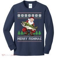 Merry Fishmas And Santa Fishing Kids Long Sleeve Shirt thumb 0