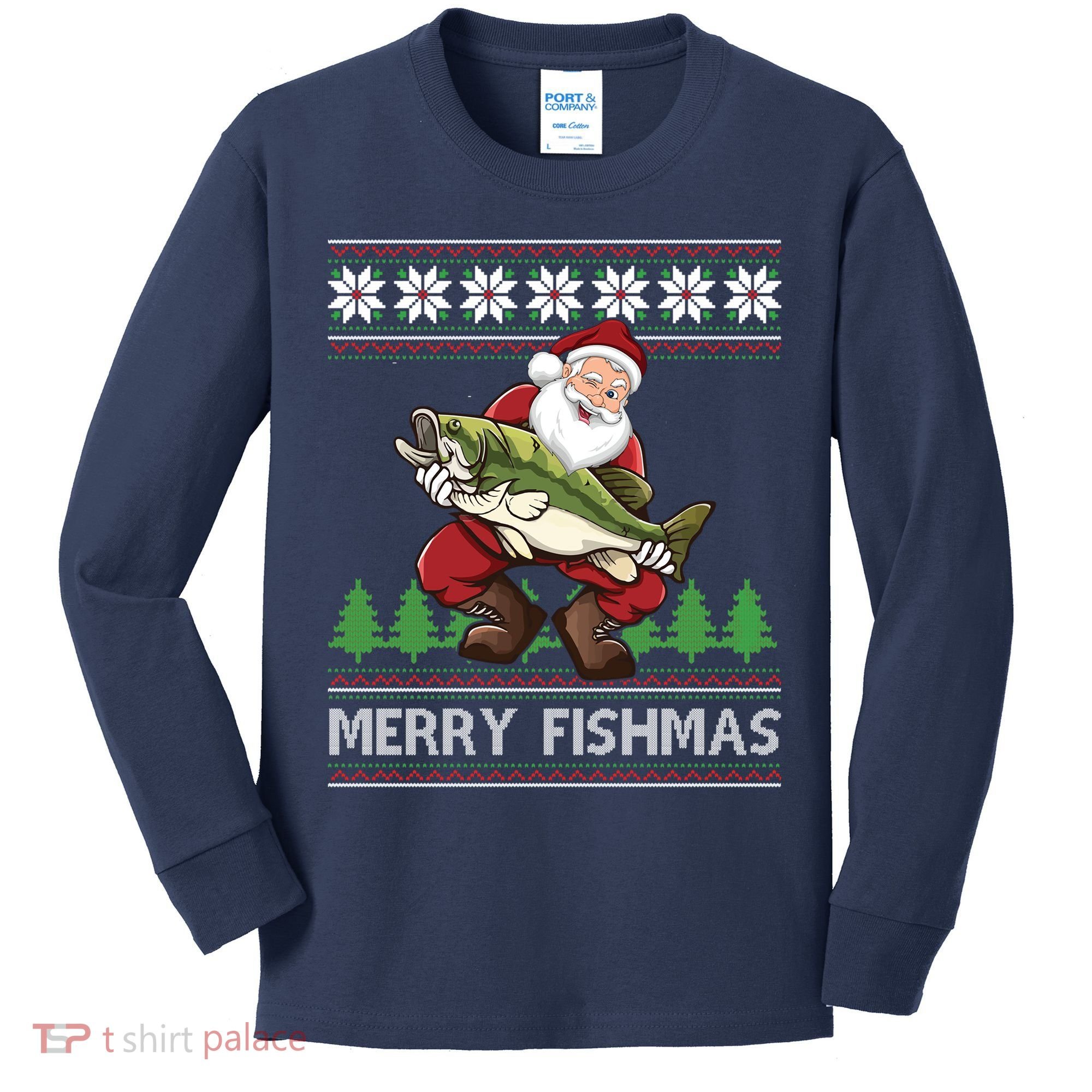 Merry Fishmas And Santa Fishing Kids Long Sleeve Shirt