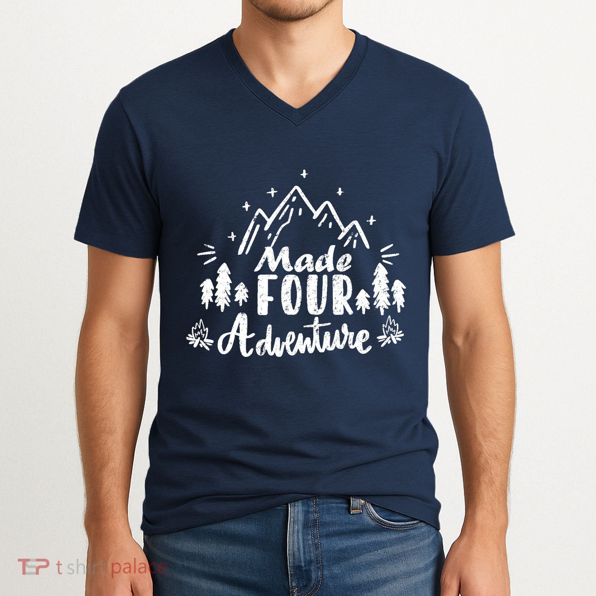 Made Four Adventure 4th Birthday Party Camping Theme V-Neck T-Shirt