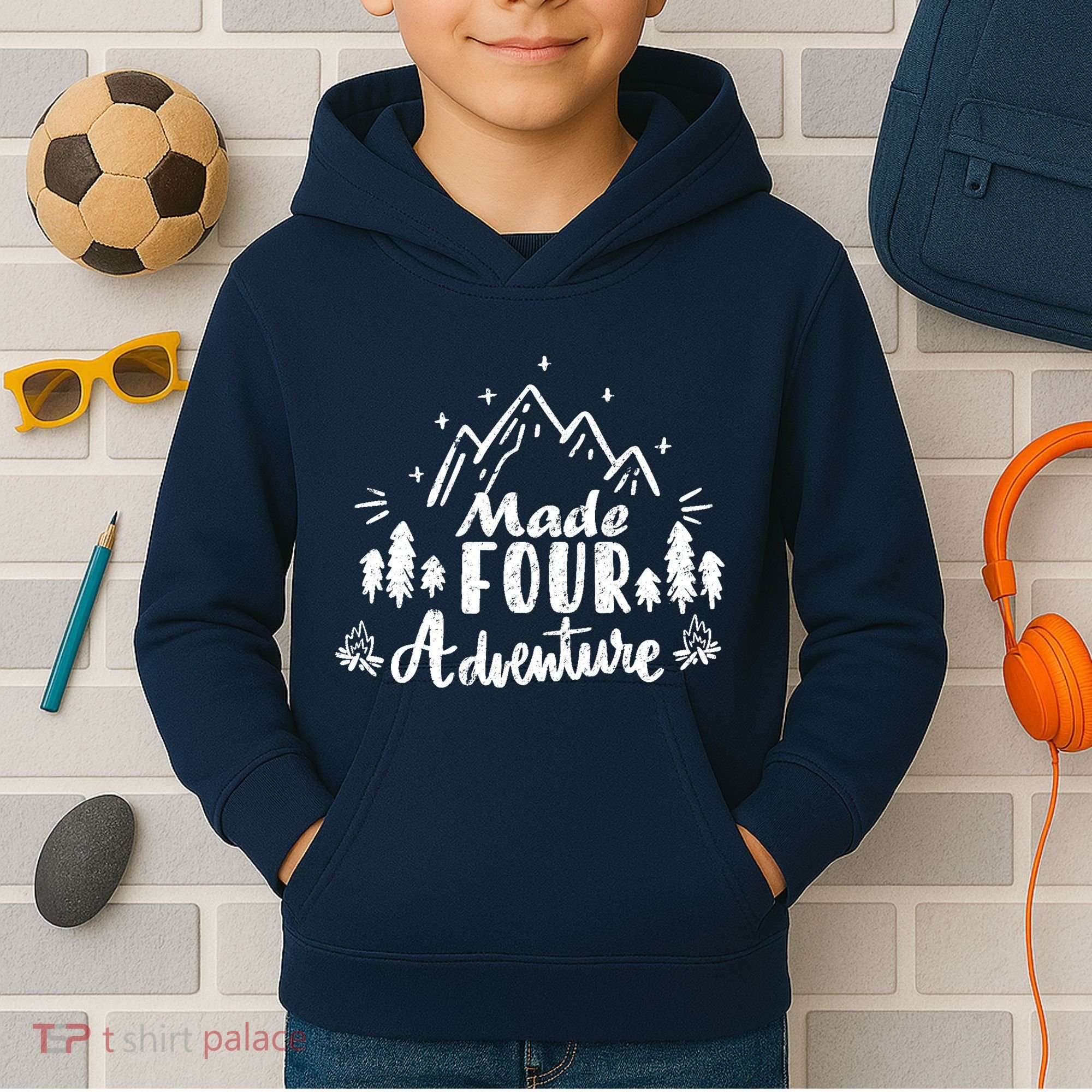 Made Four Adventure 4th Birthday Party Camping Theme Kids Hoodie