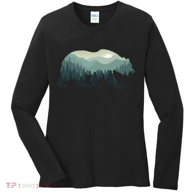 Misty Forest Bear Silhouette Wildlife Nature Lover Women's Long Sleeve Shirt