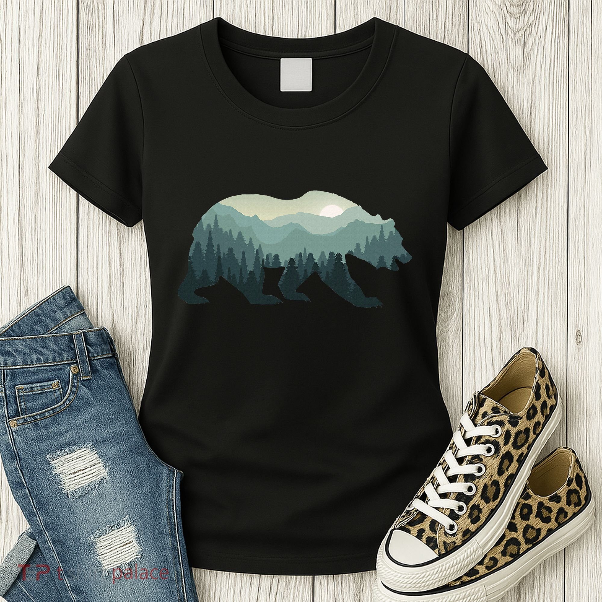 Misty Forest Bear Silhouette Wildlife Nature Lover Women's T-Shirt