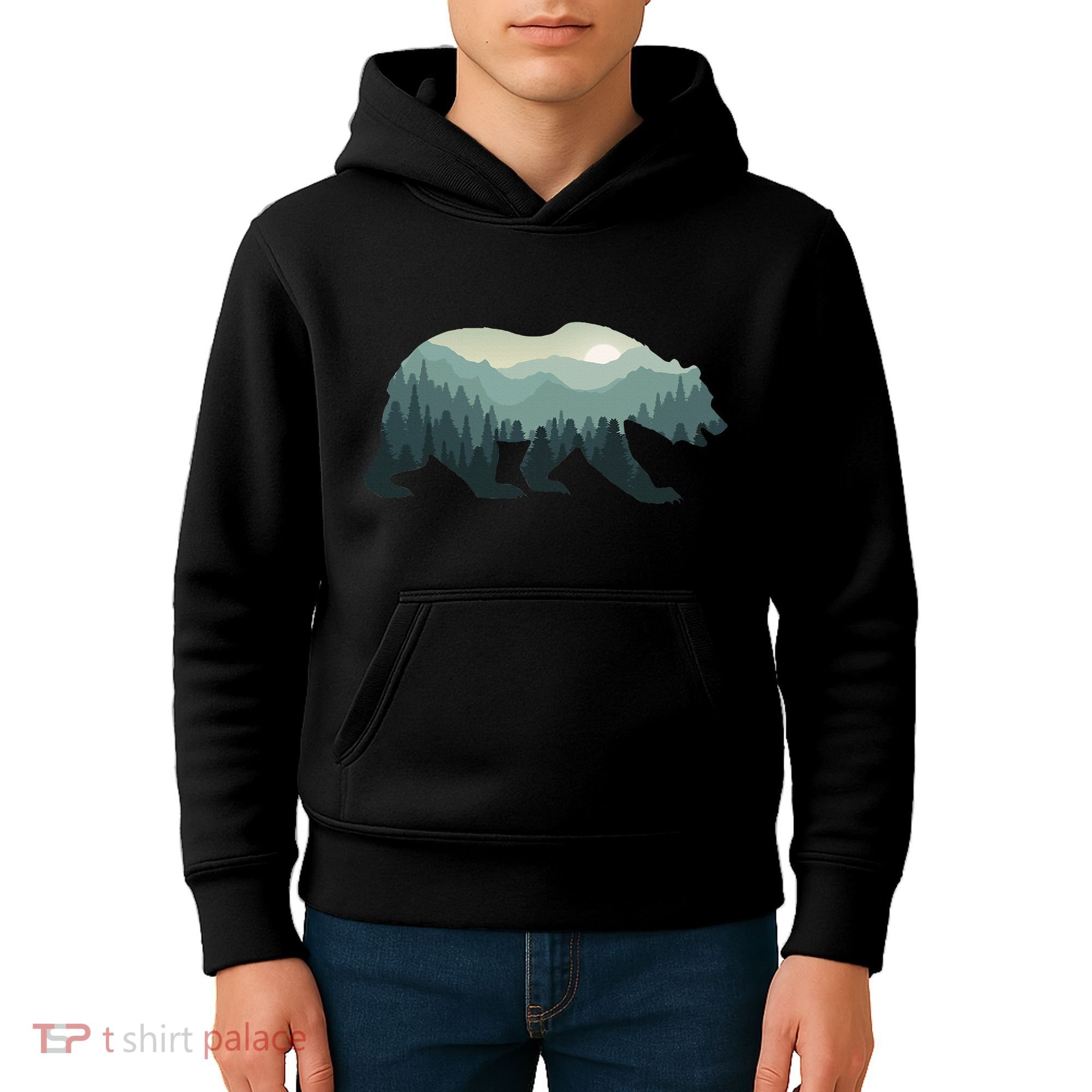 Misty Forest Bear Silhouette Wildlife Nature Lover Kids Hoodie