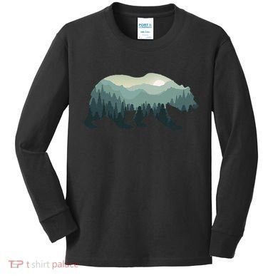 Misty Forest Bear Silhouette Wildlife Nature Lover Kids Long Sleeve Shirt