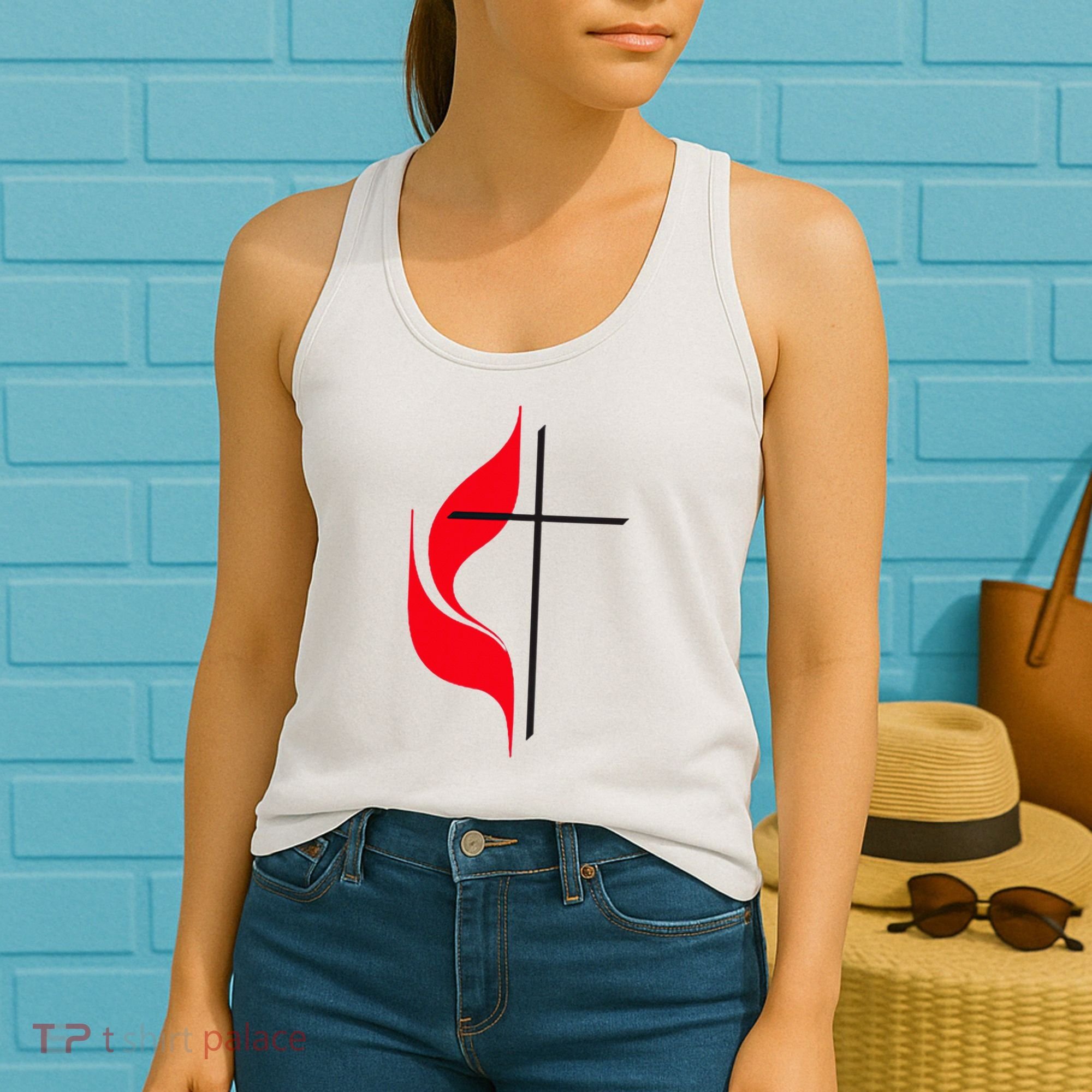Methodist Flag Christian Cross And Flame Women's Tank Top