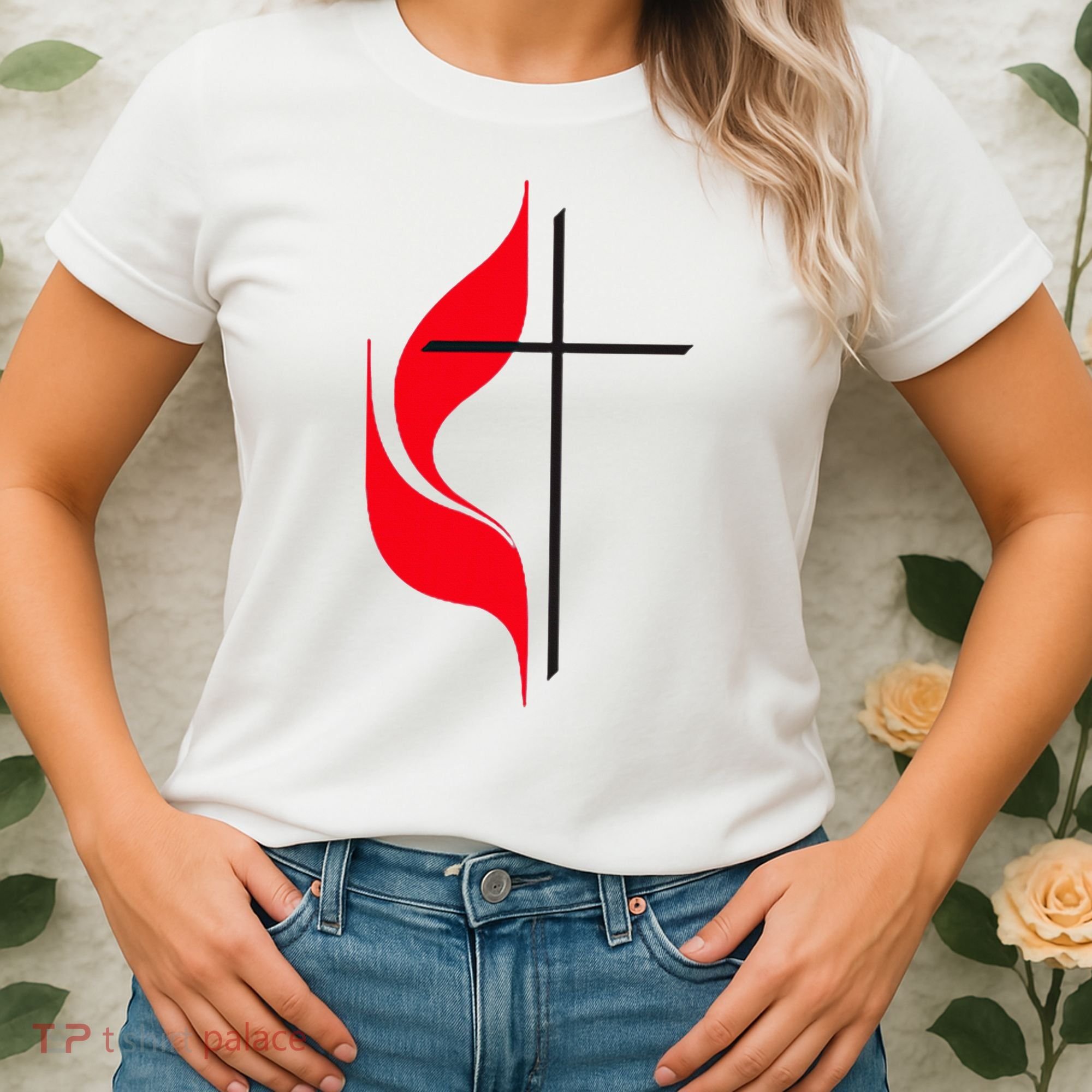 Methodist Flag Christian Cross And Flame Women's T-Shirt
