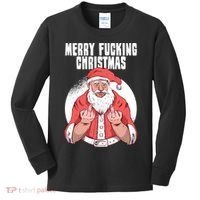 Merry Fucking Christmas Santa Claus Middle Finger Kids Long Sleeve Shirt thumb 0