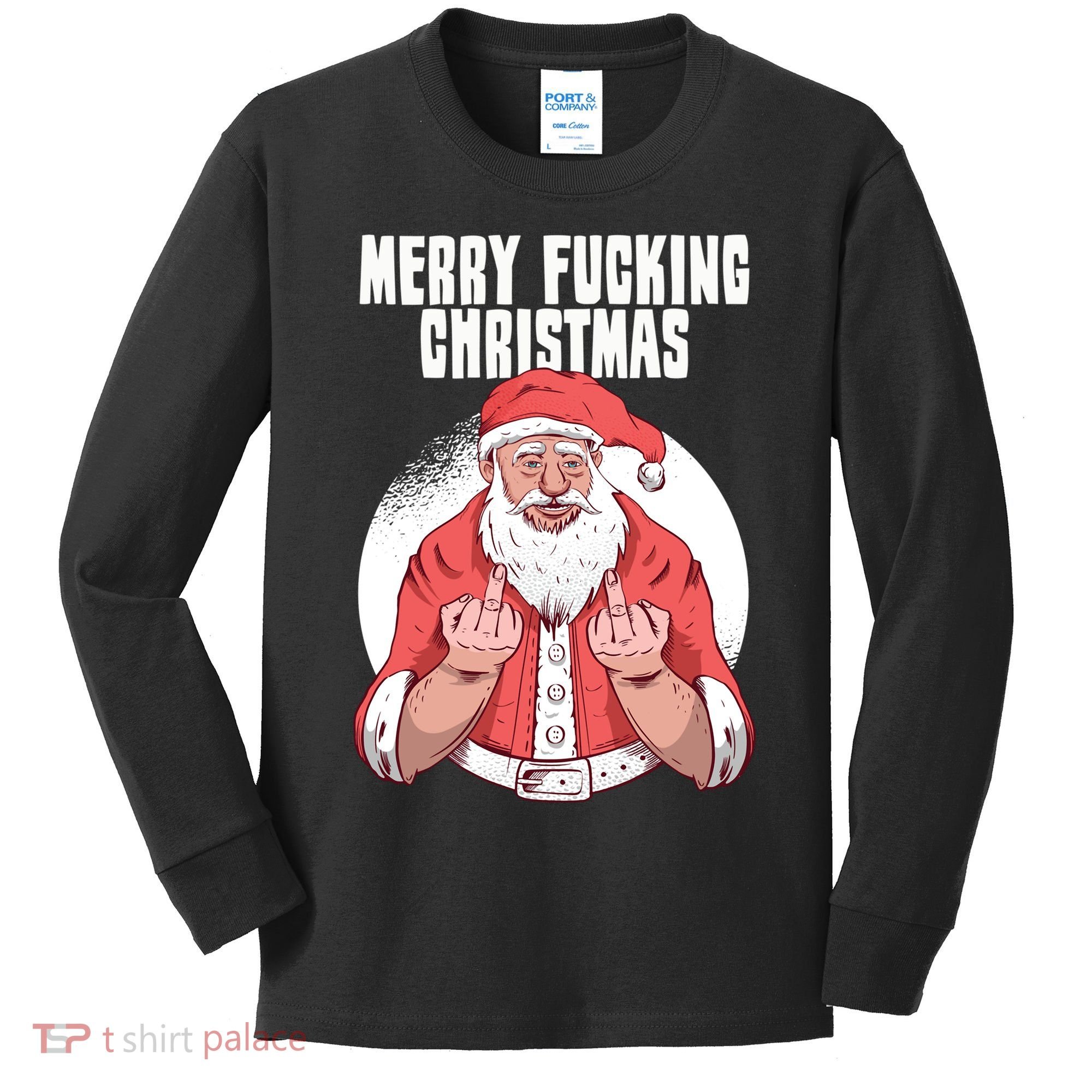 Merry Fucking Christmas Santa Claus Middle Finger Kids Long Sleeve Shirt