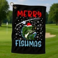 Merry Fishmas Christmas Fishing Holiday Gift Golf Towel thumb 1