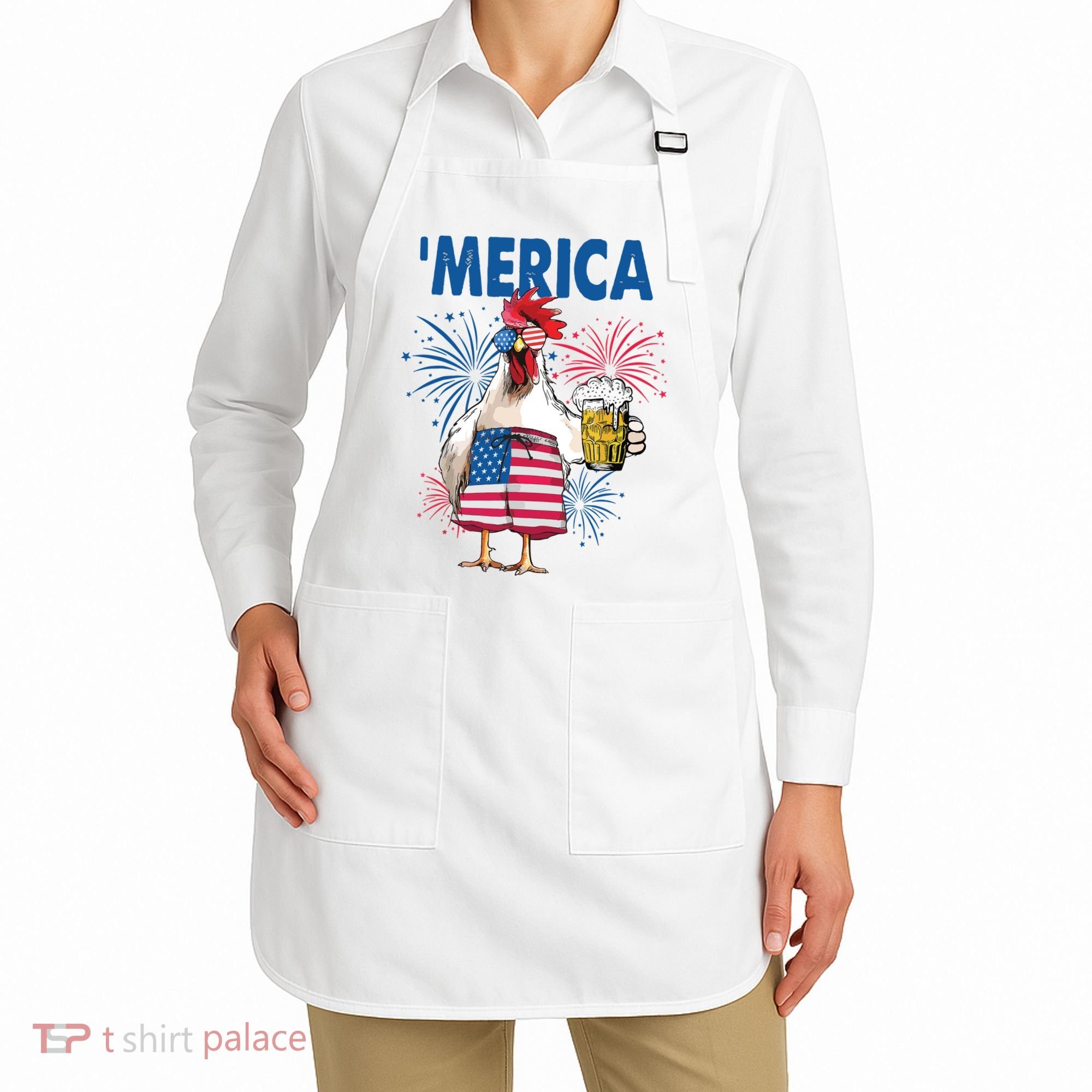 Merica Funny Chicken With Beer USA Flag 4th Of July Apron