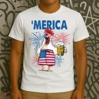 Merica Funny Chicken With Beer USA Flag 4th Of July T-Shirt thumb 3