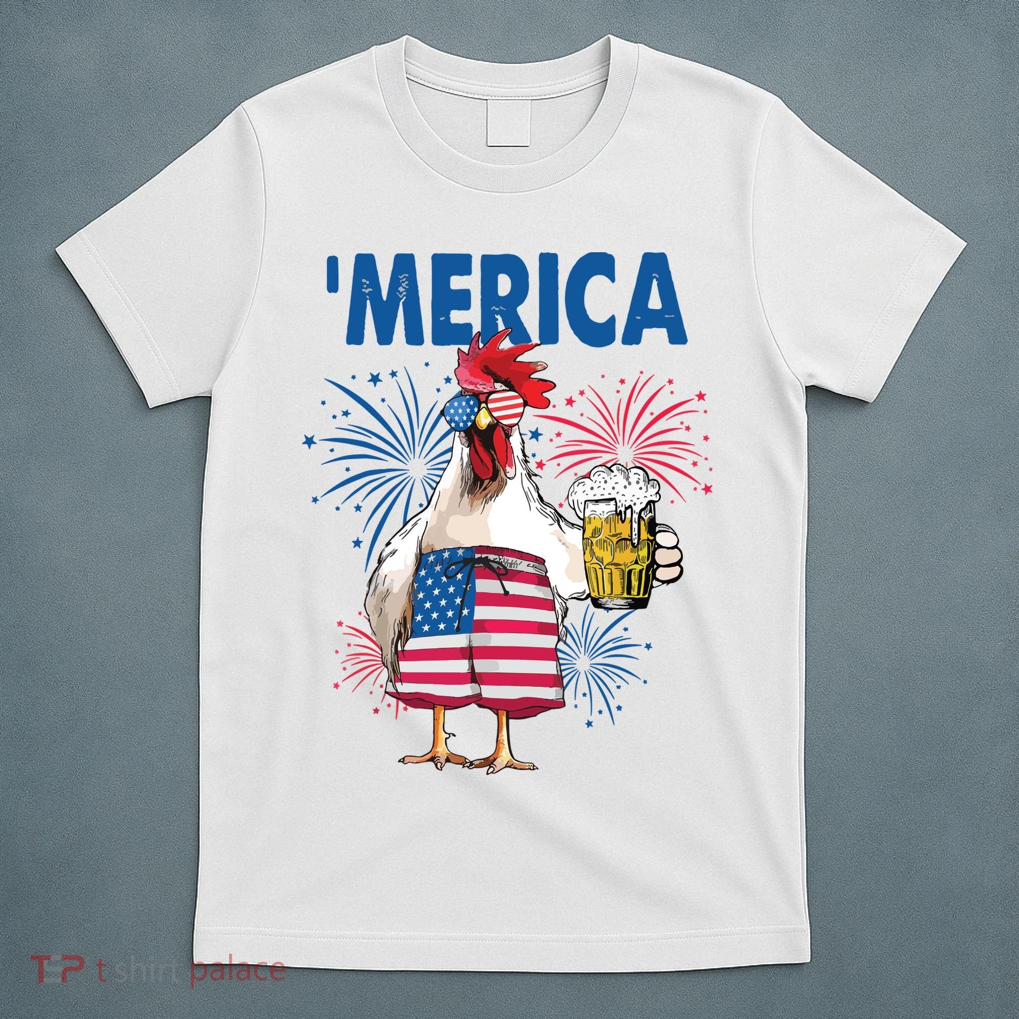 Merica Funny Chicken With Beer USA Flag 4th Of July T-Shirt