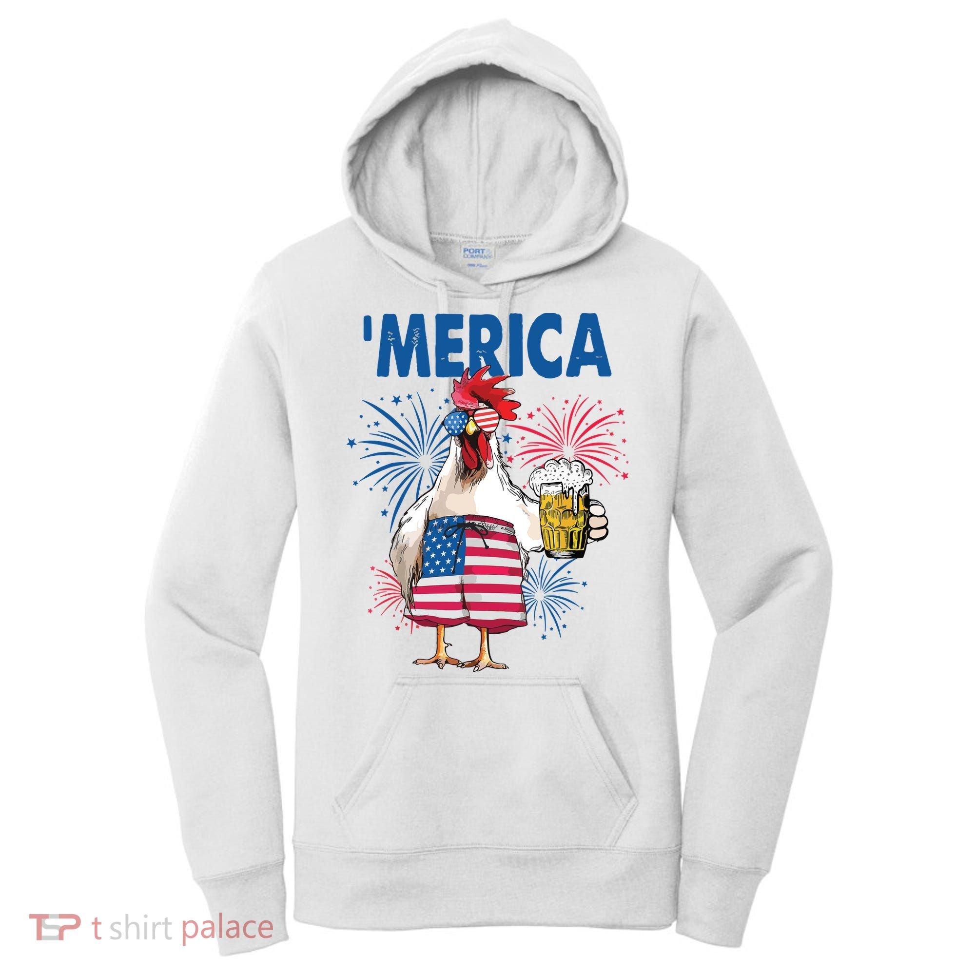 Merica Funny Chicken With Beer USA Flag 4th Of July Women's Hoodie