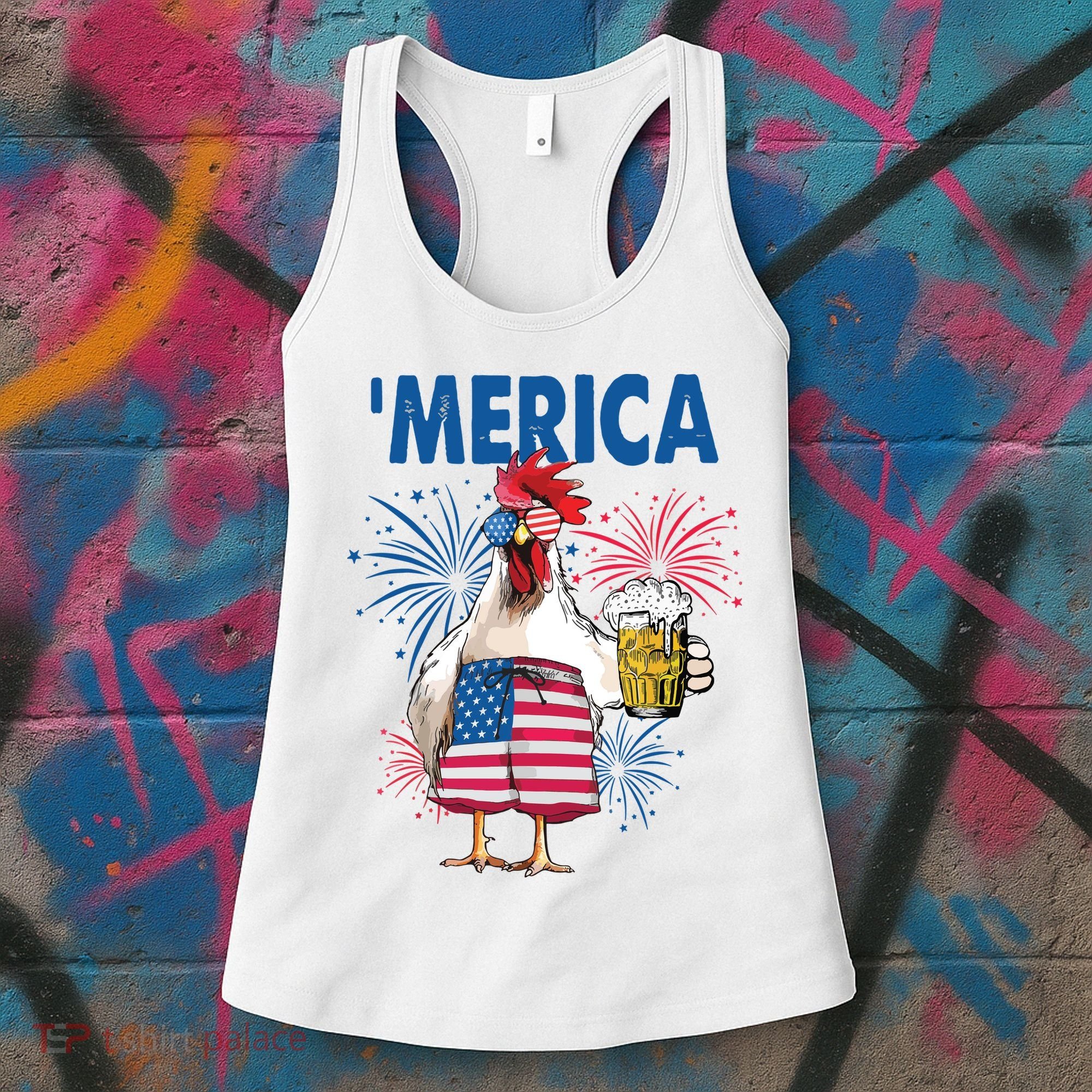 Merica Funny Chicken With Beer USA Flag 4th Of July Women's Tank Top