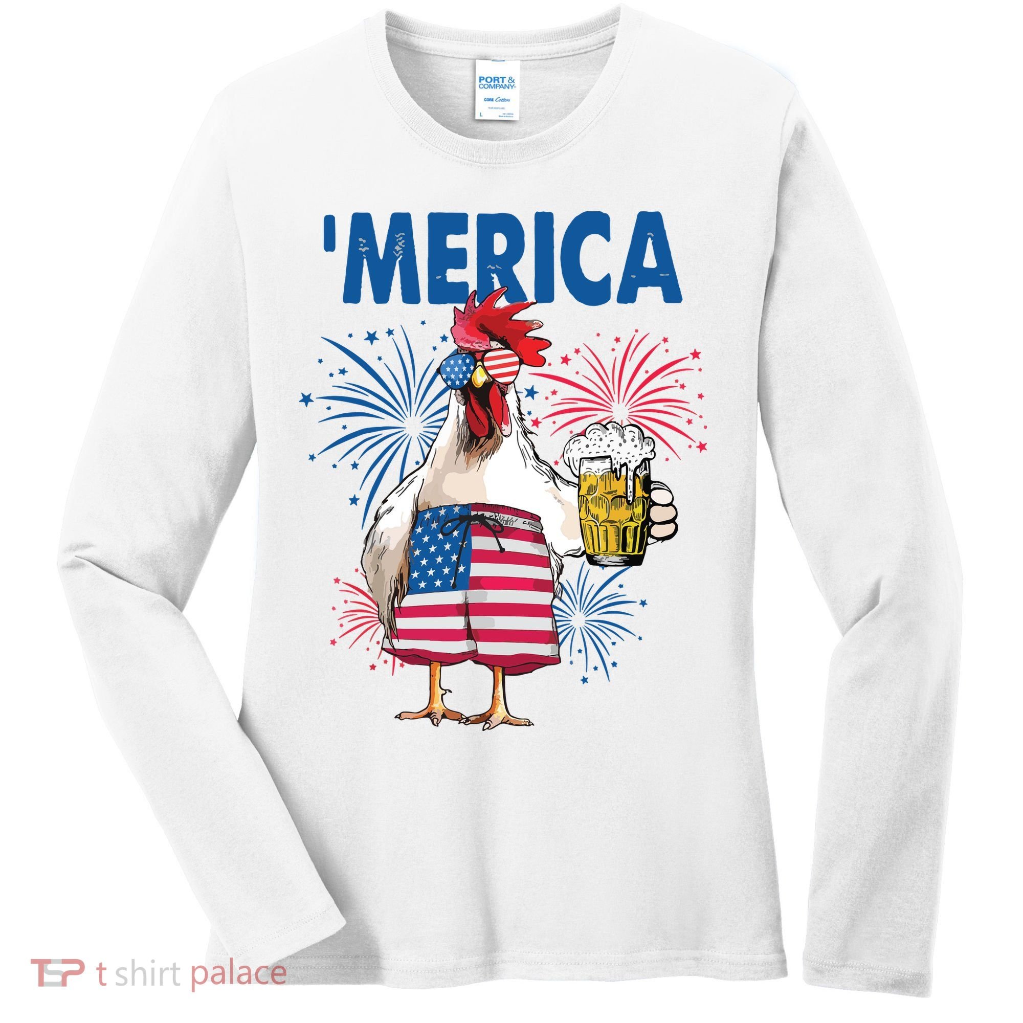 Merica Funny Chicken With Beer USA Flag 4th Of July Women's Long Sleeve Shirt
