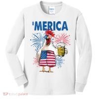 Merica Funny Chicken With Beer USA Flag 4th Of July Kids Long Sleeve Shirt thumb 0