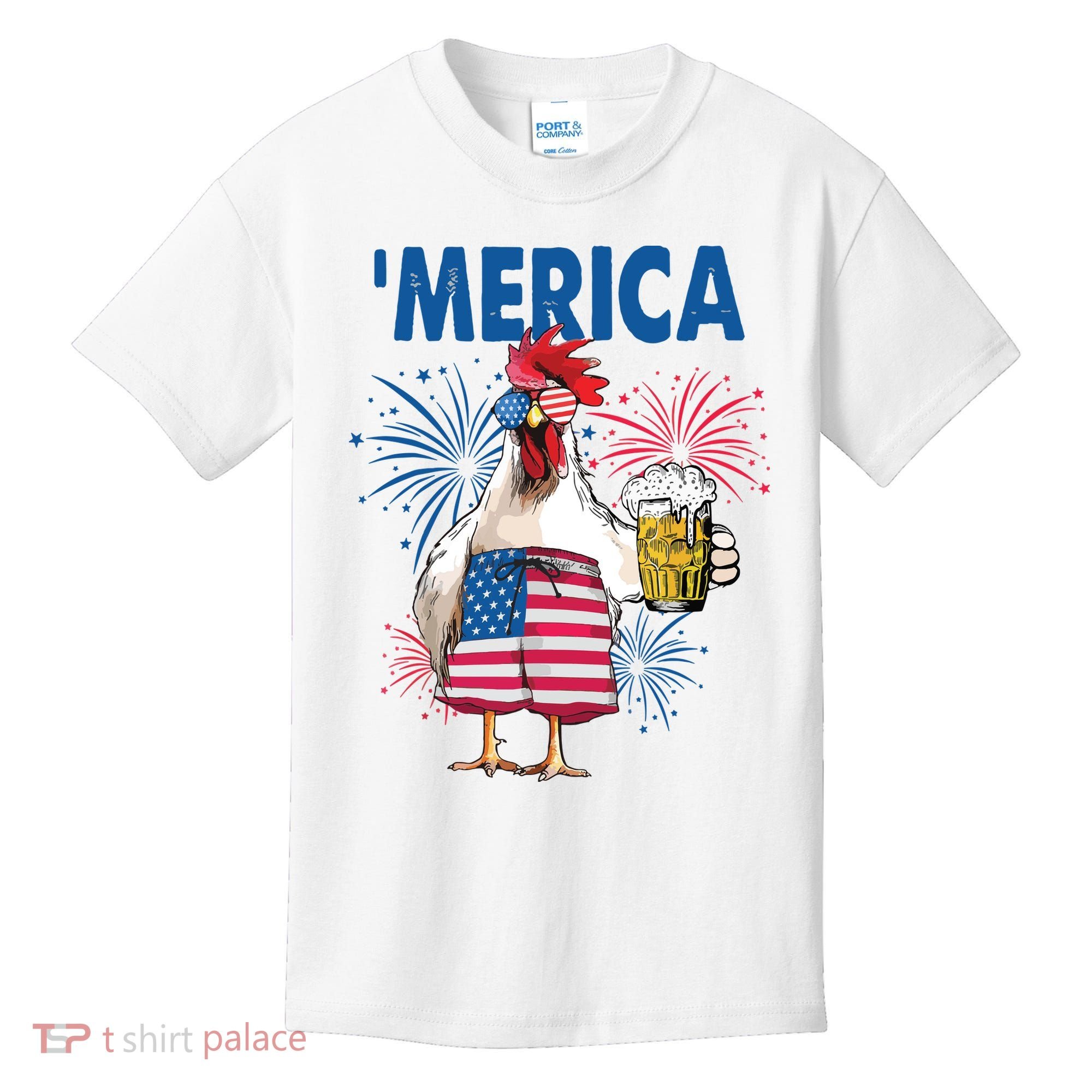 Merica Funny Chicken With Beer USA Flag 4th Of July Kids T-Shirt