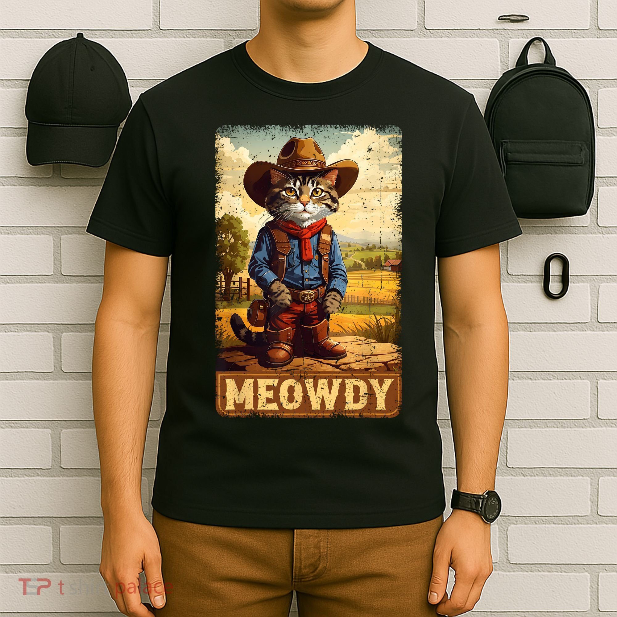 Meowdy Funny Country Side Cat Hat Vintage Cowboy Cat T-Shirt
