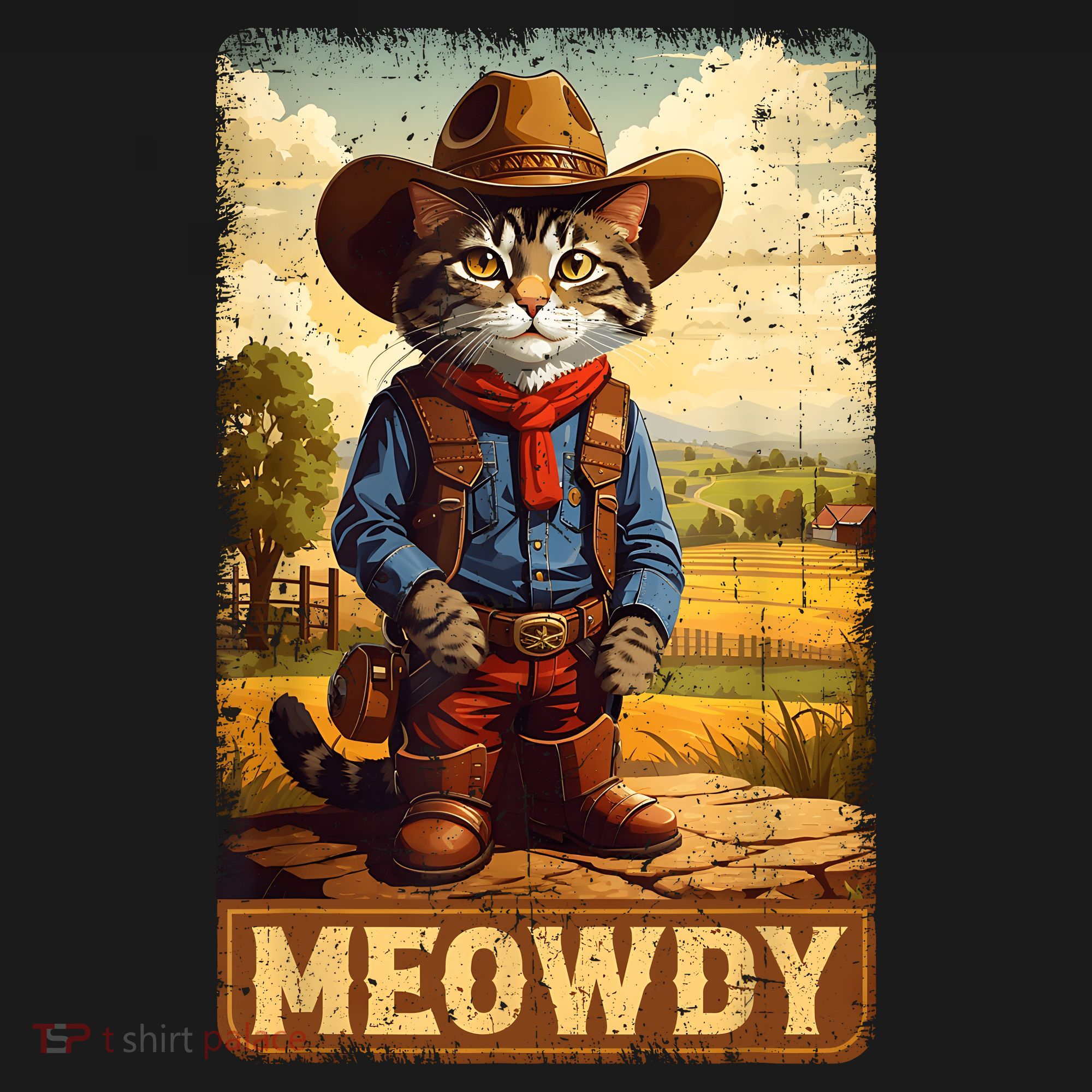 Meowdy Funny Country Side Cat Hat Vintage Cowboy Cat T-Shirt