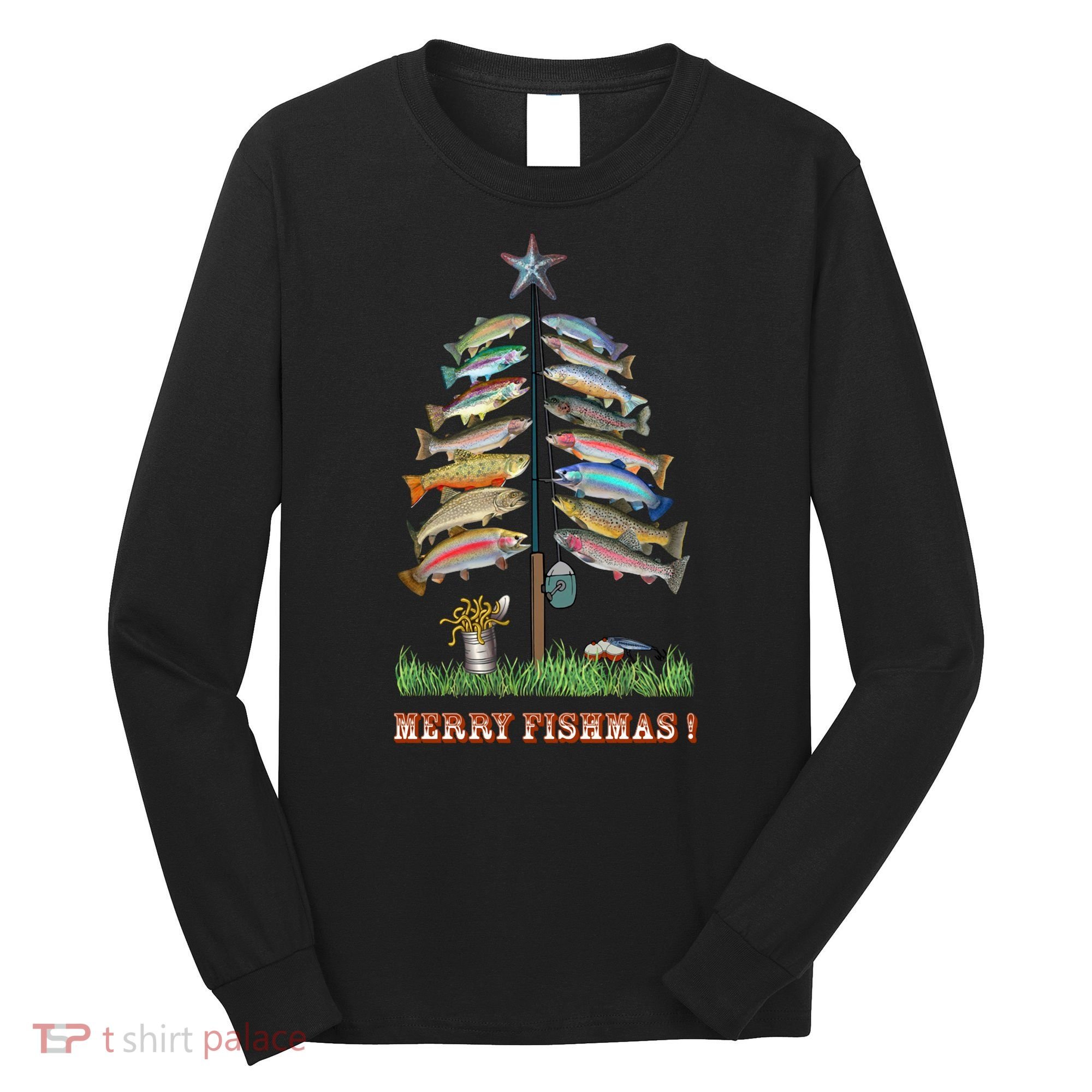 Merry Fishmas Christmas Fish Tree Xmas Lights Fishing Rod Long Sleeve Shirt
