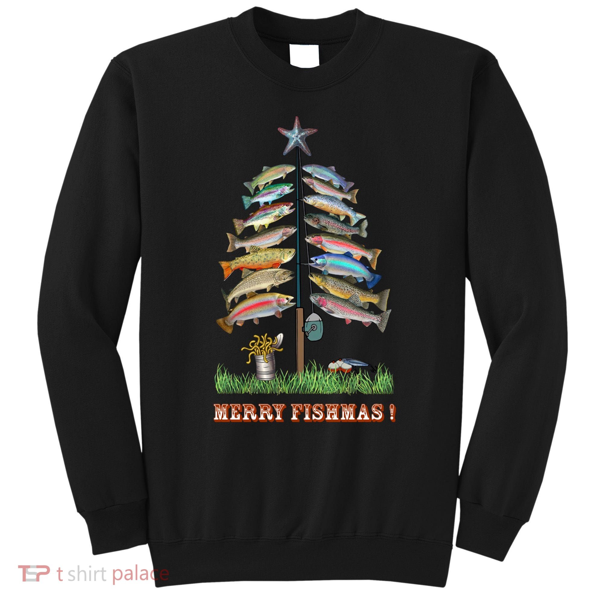 Merry Fishmas Christmas Fish Tree Xmas Lights Fishing Rod Sweatshirt