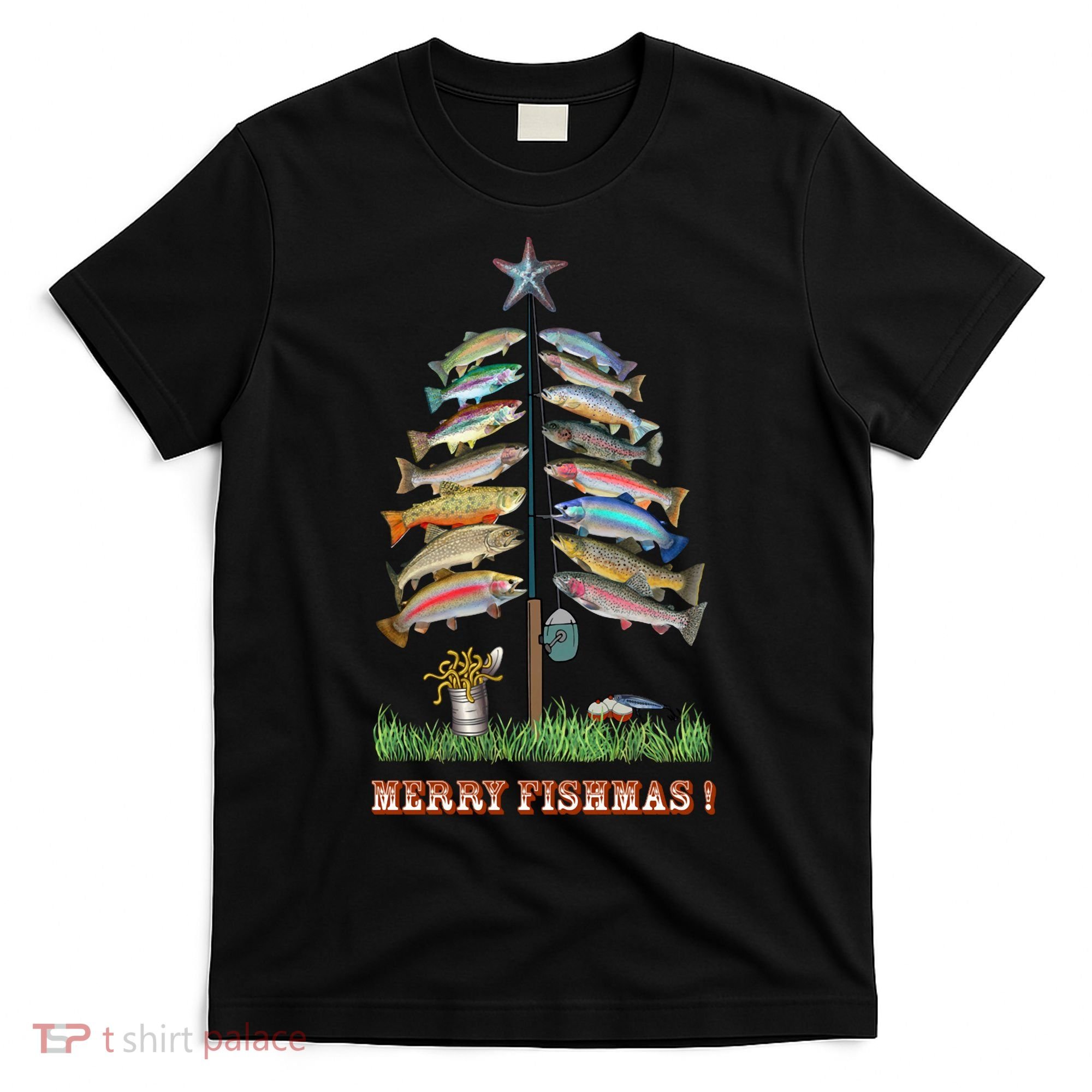 Merry Fishmas Christmas Fish Tree Xmas Lights Fishing Rod T-Shirt