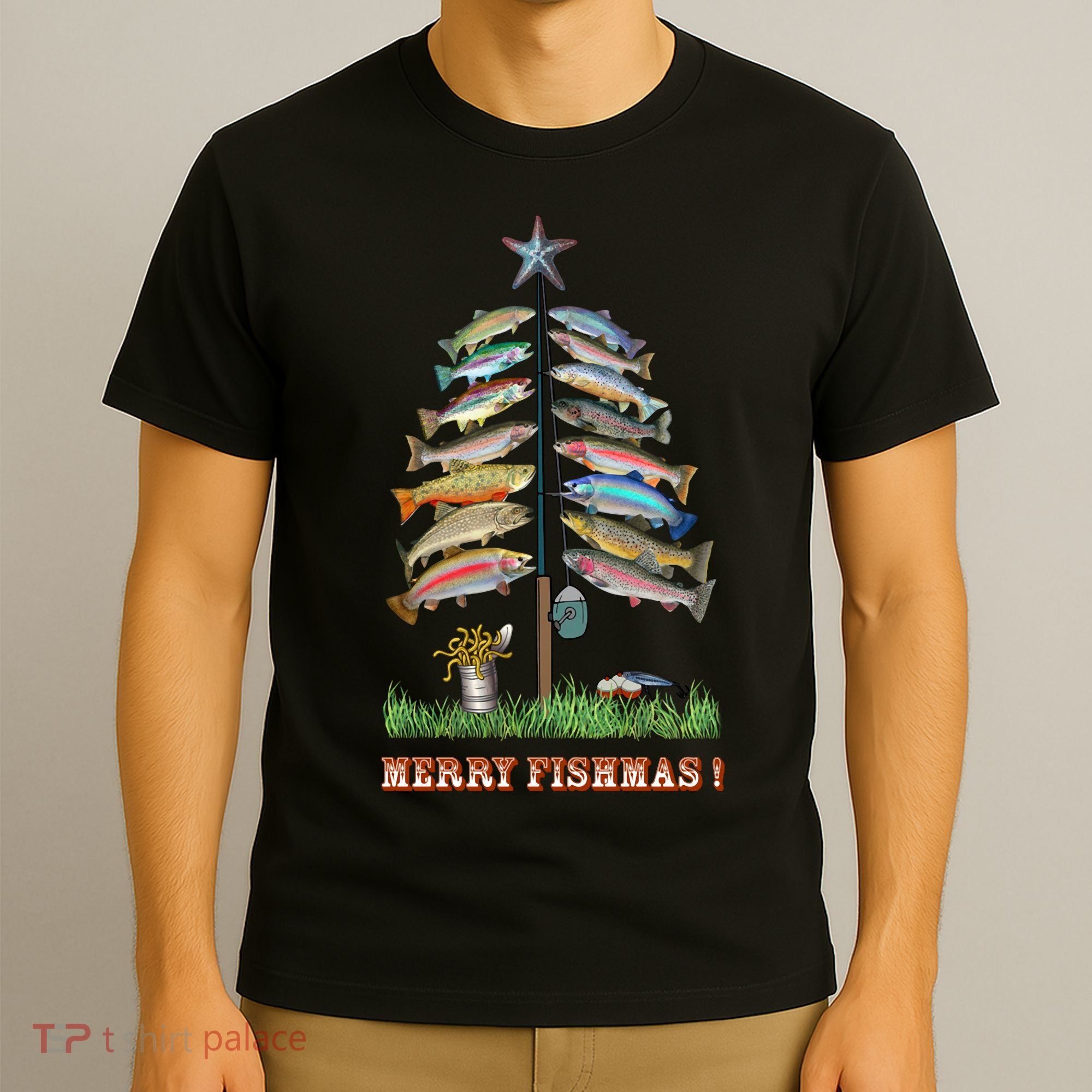 Merry Fishmas Christmas Fish Tree Xmas Lights Fishing Rod T-Shirt
