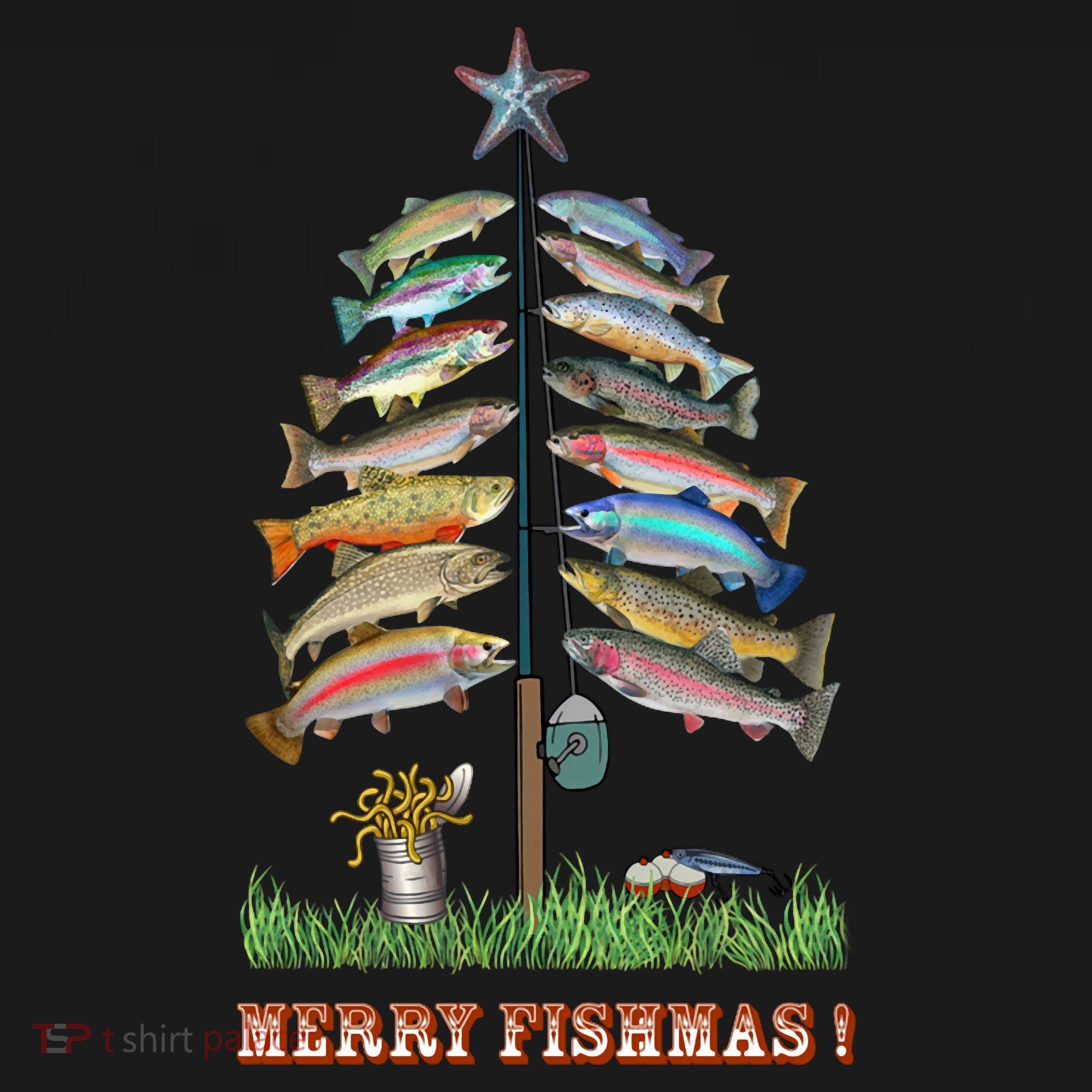 Merry Fishmas Christmas Fish Tree Xmas Lights Fishing Rod T-Shirt
