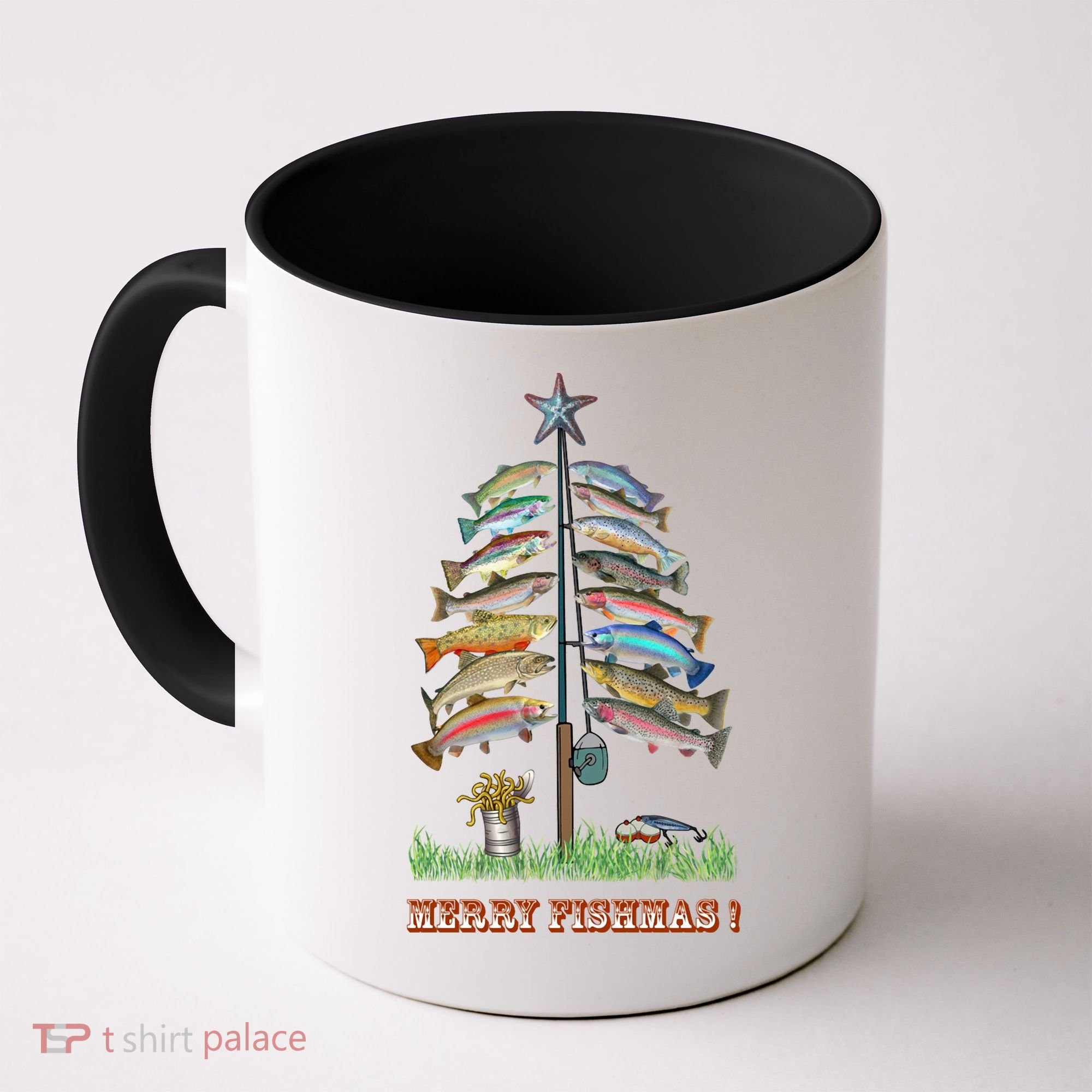 Merry Fishmas Christmas Fish Tree Xmas Lights Fishing Rod Coffee Mug