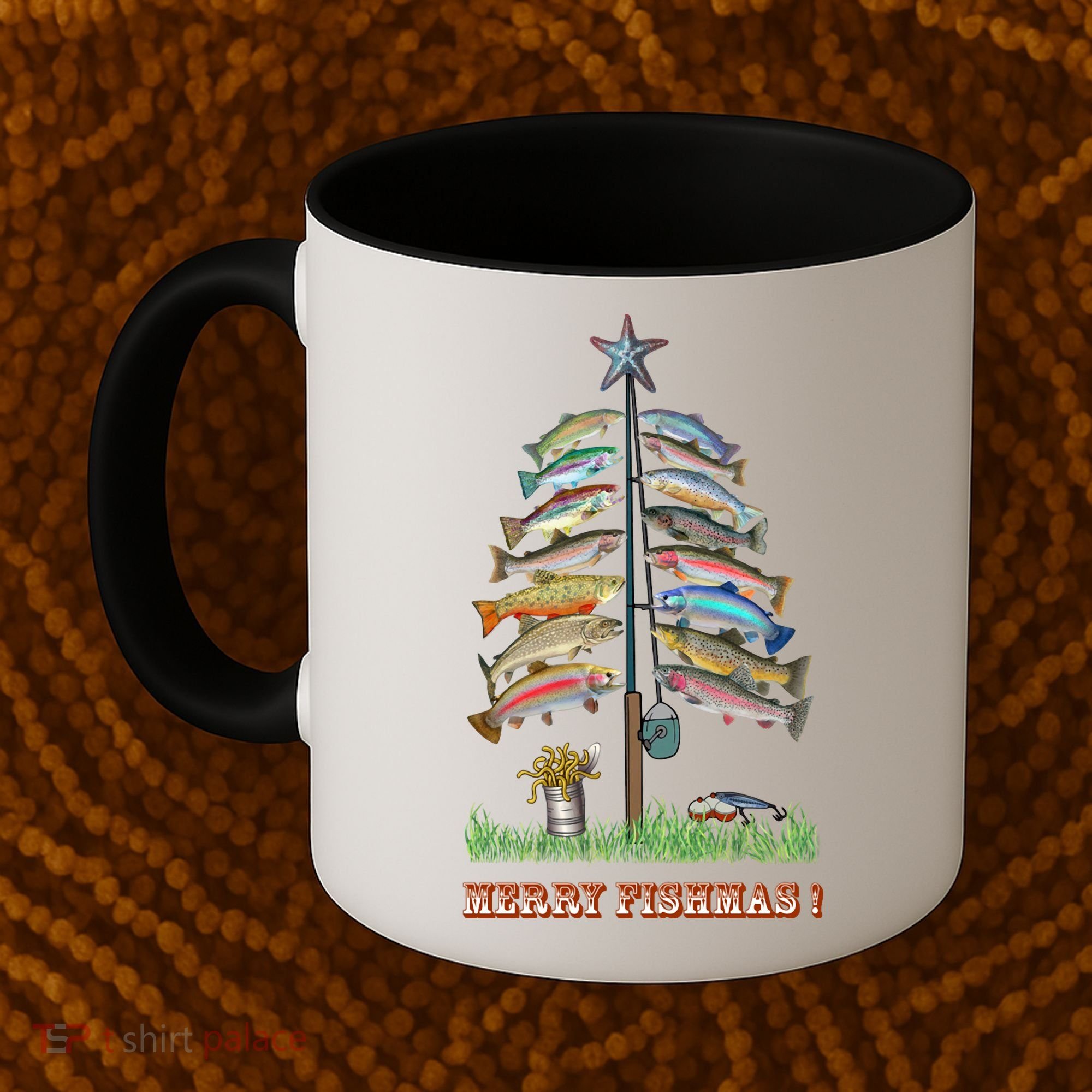 Merry Fishmas Christmas Fish Tree Xmas Lights Fishing Rod Coffee Mug
