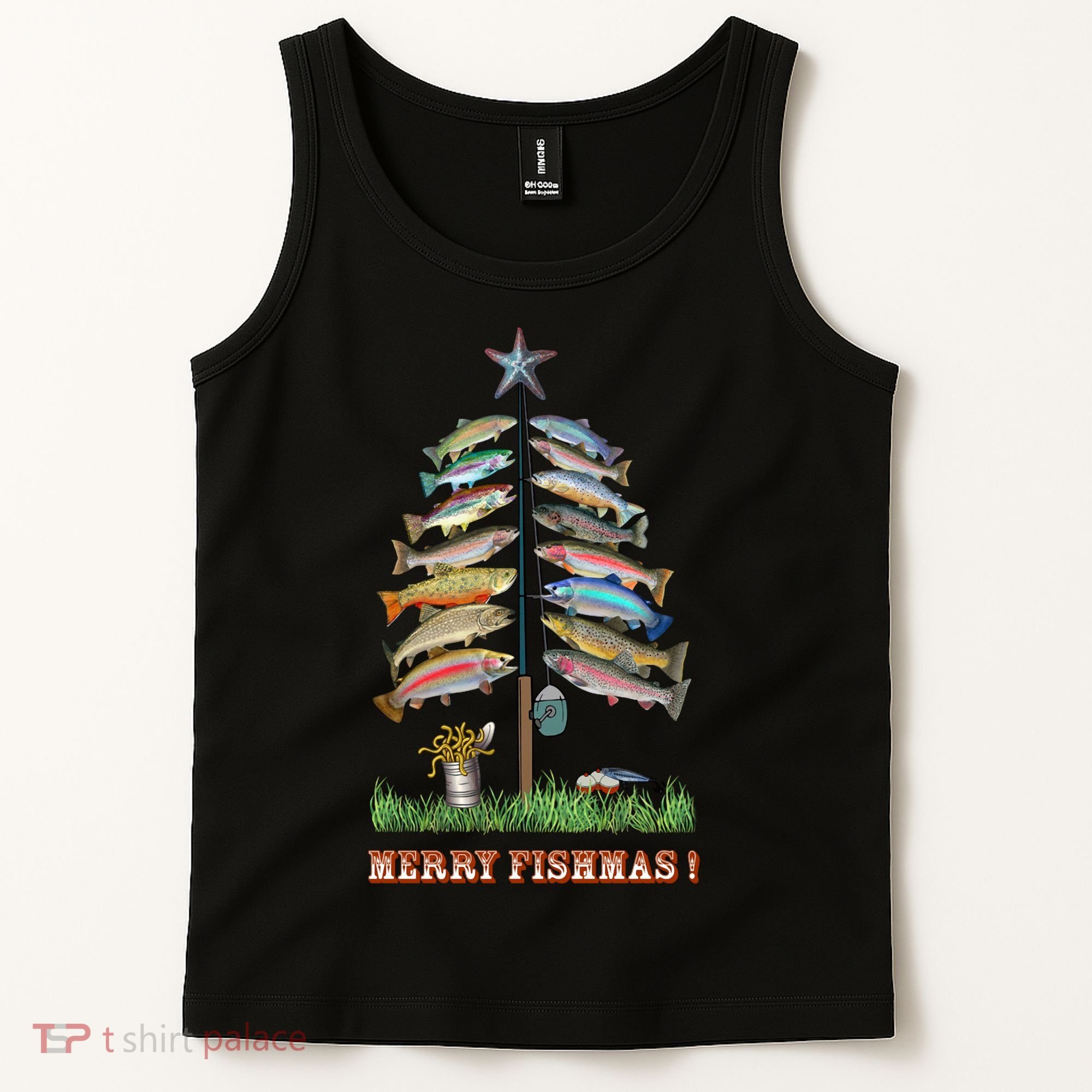 Merry Fishmas Christmas Fish Tree Xmas Lights Fishing Rod Tank Top