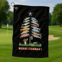 Merry Fishmas Christmas Fish Tree Xmas Lights Fishing Rod Golf Towel thumb 1
