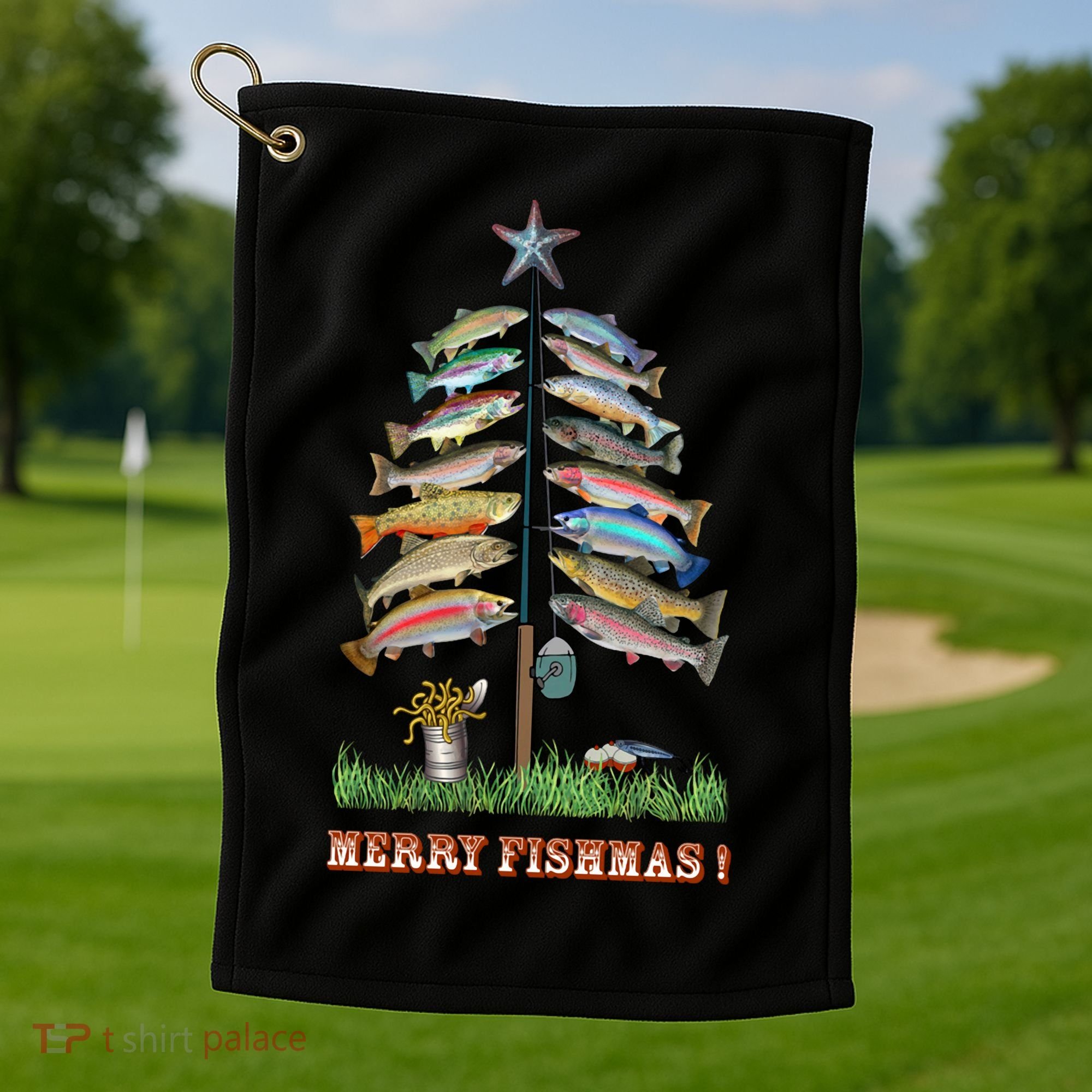 Merry Fishmas Christmas Fish Tree Xmas Lights Fishing Rod Golf Towel