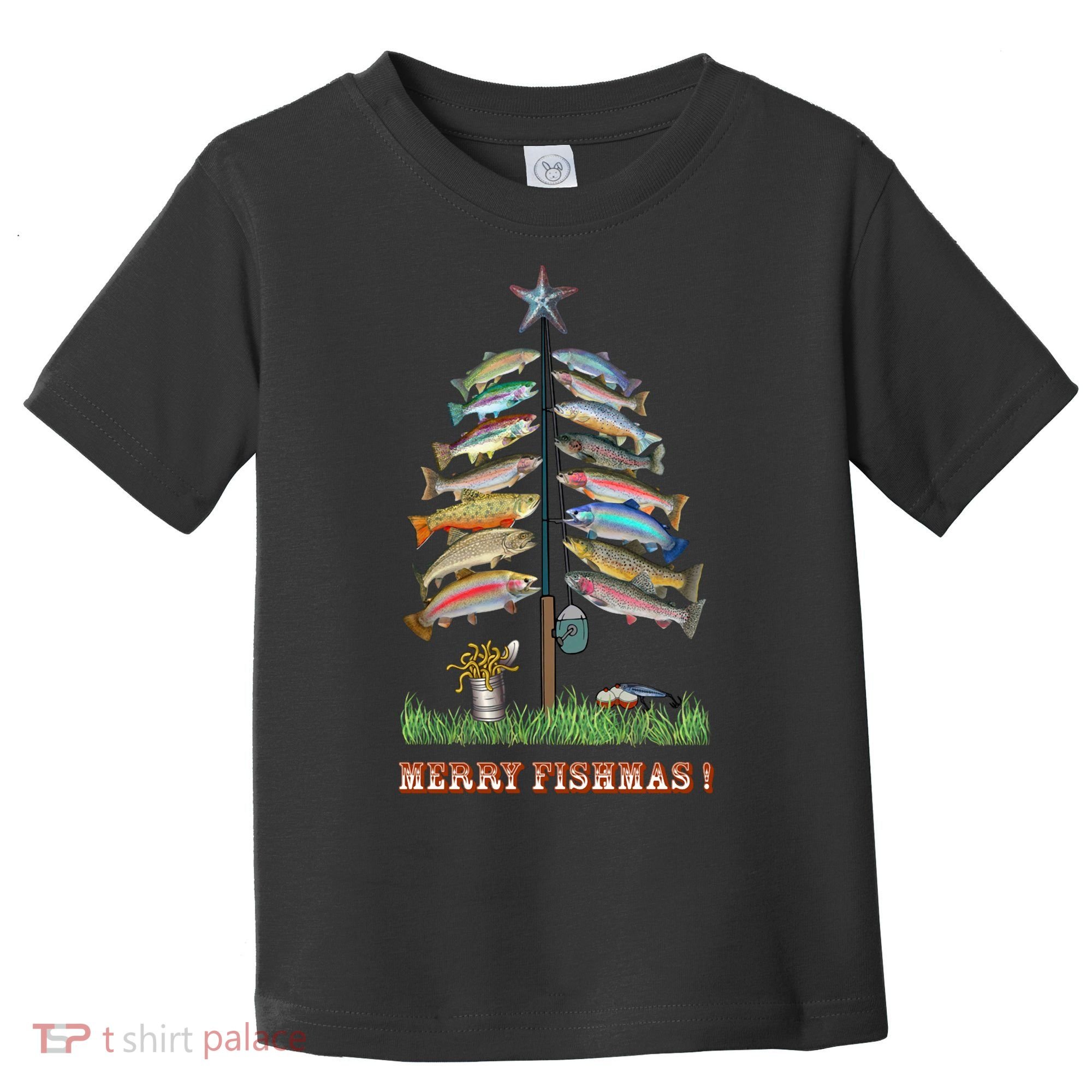 Merry Fishmas Christmas Fish Tree Xmas Lights Fishing Rod Toddler T-Shirt