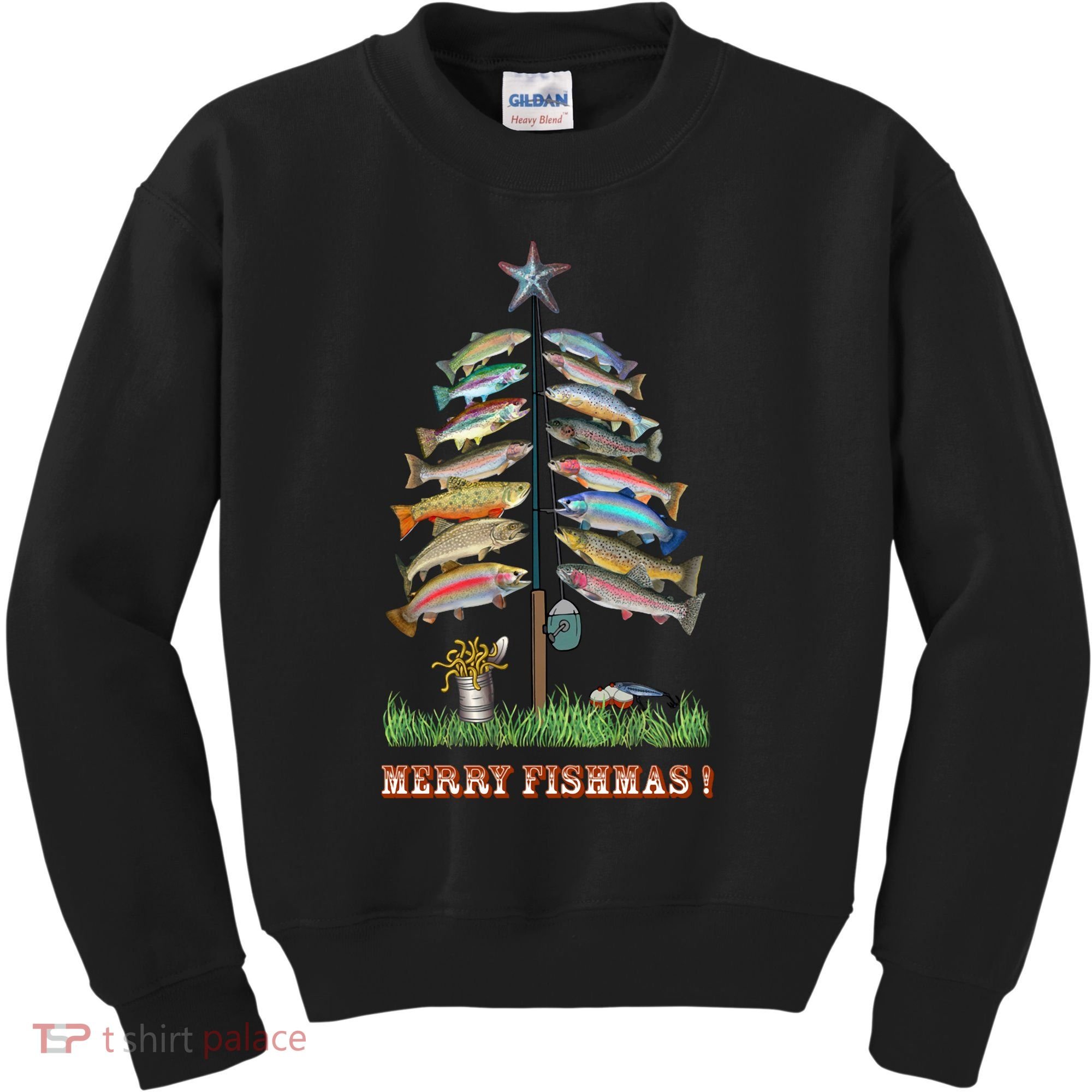 Merry Fishmas Christmas Fish Tree Xmas Lights Fishing Rod Kids Sweatshirt