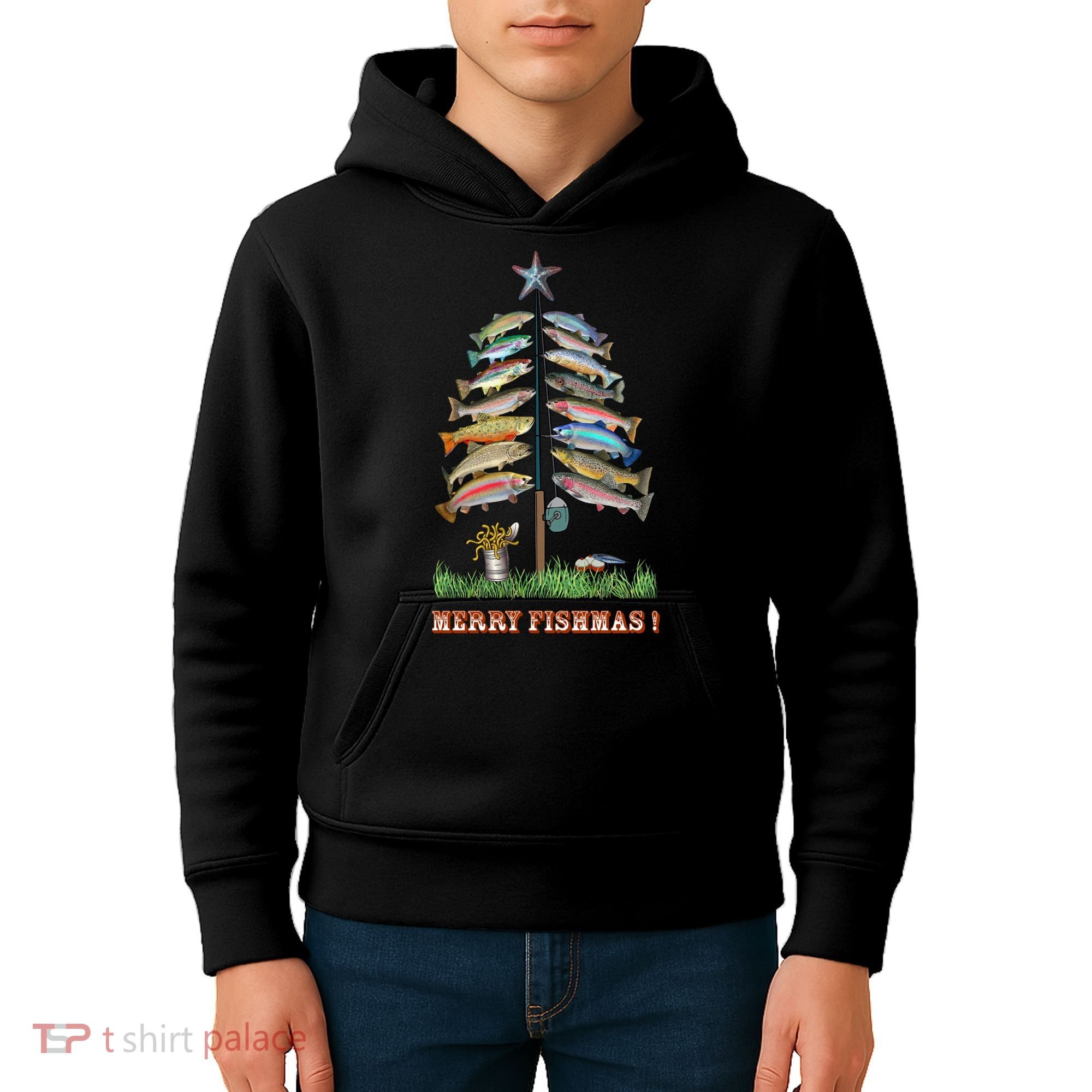 Merry Fishmas Christmas Fish Tree Xmas Lights Fishing Rod Kids Hoodie
