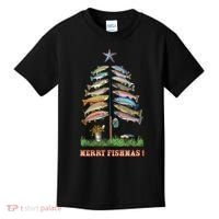 Merry Fishmas Christmas Fish Tree Xmas Lights Fishing Rod Kids T-Shirt thumb 0