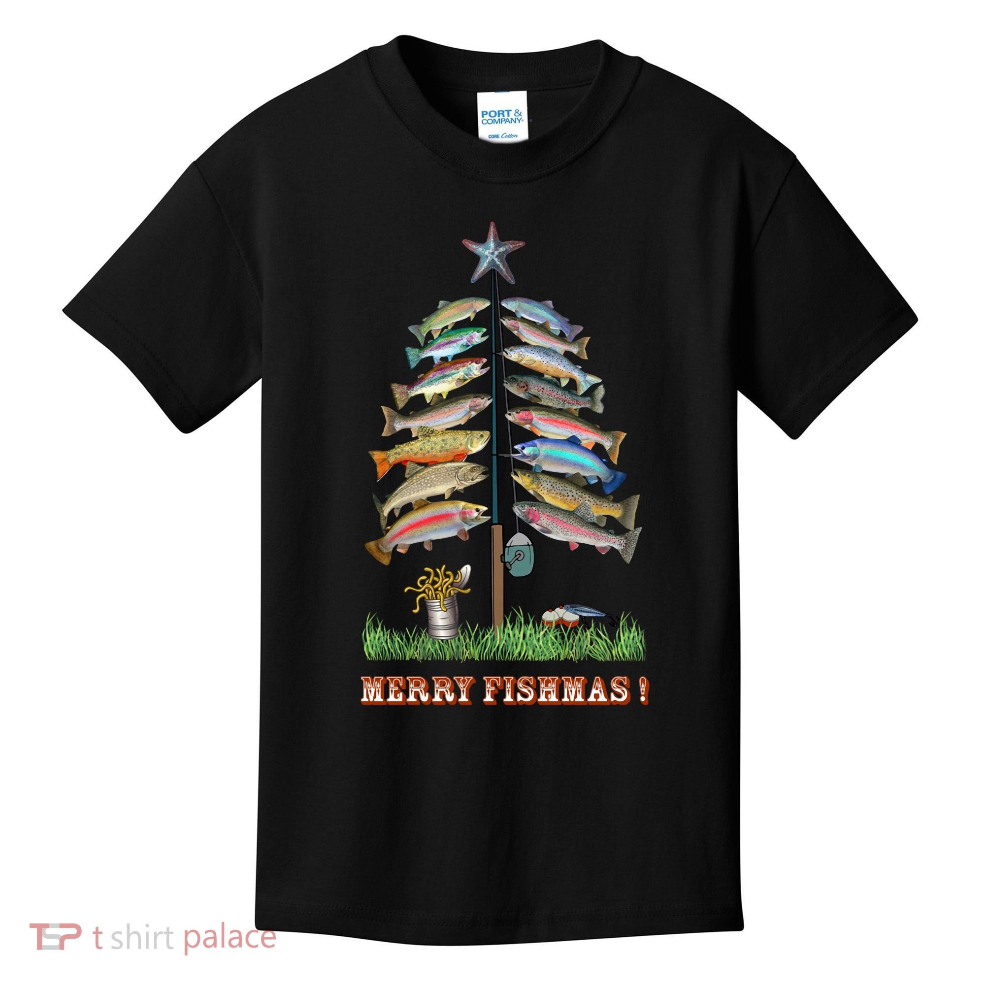 Merry Fishmas Christmas Fish Tree Xmas Lights Fishing Rod Kids T-Shirt