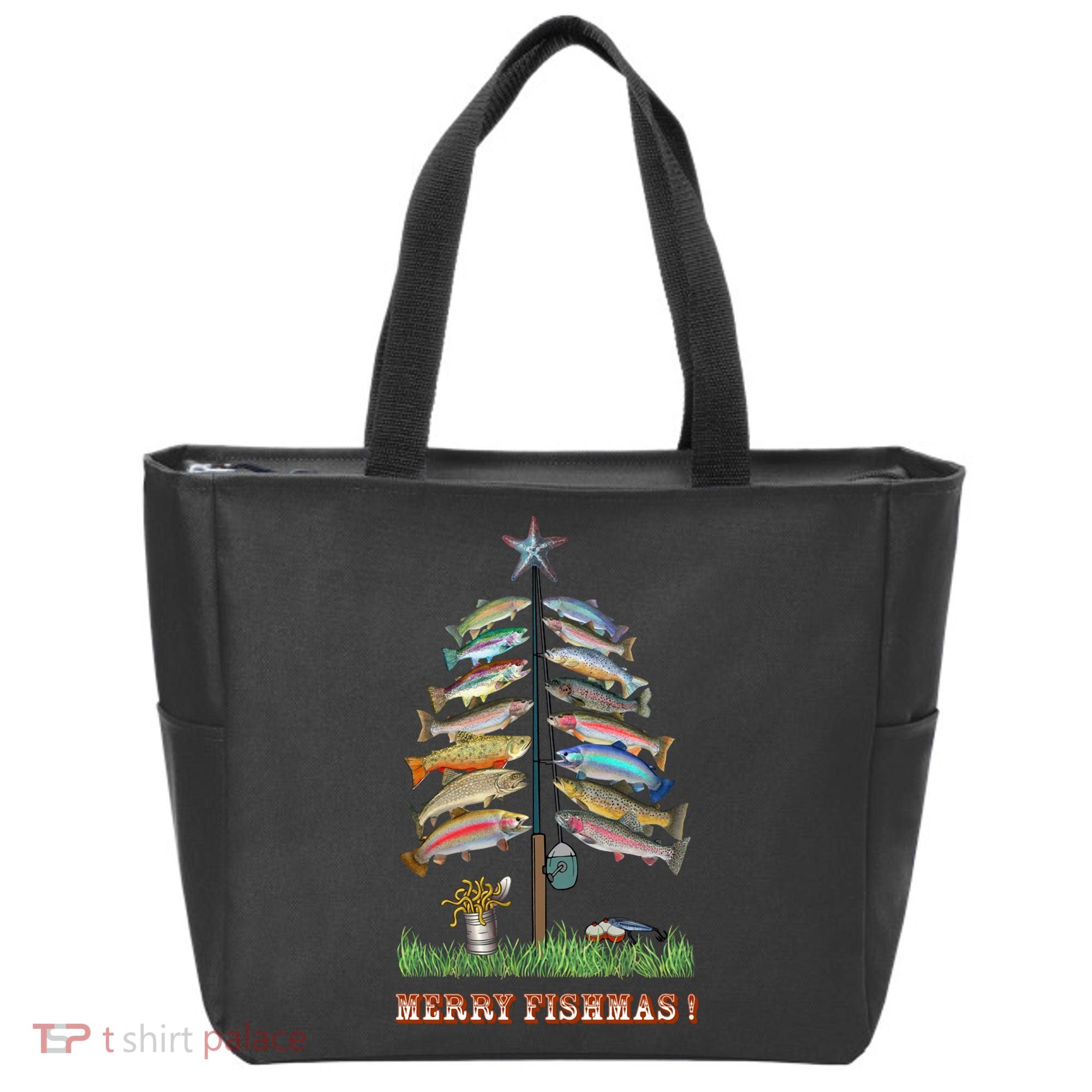 Merry Fishmas Christmas Fish Tree Xmas Lights Fishing Rod Tote Bag