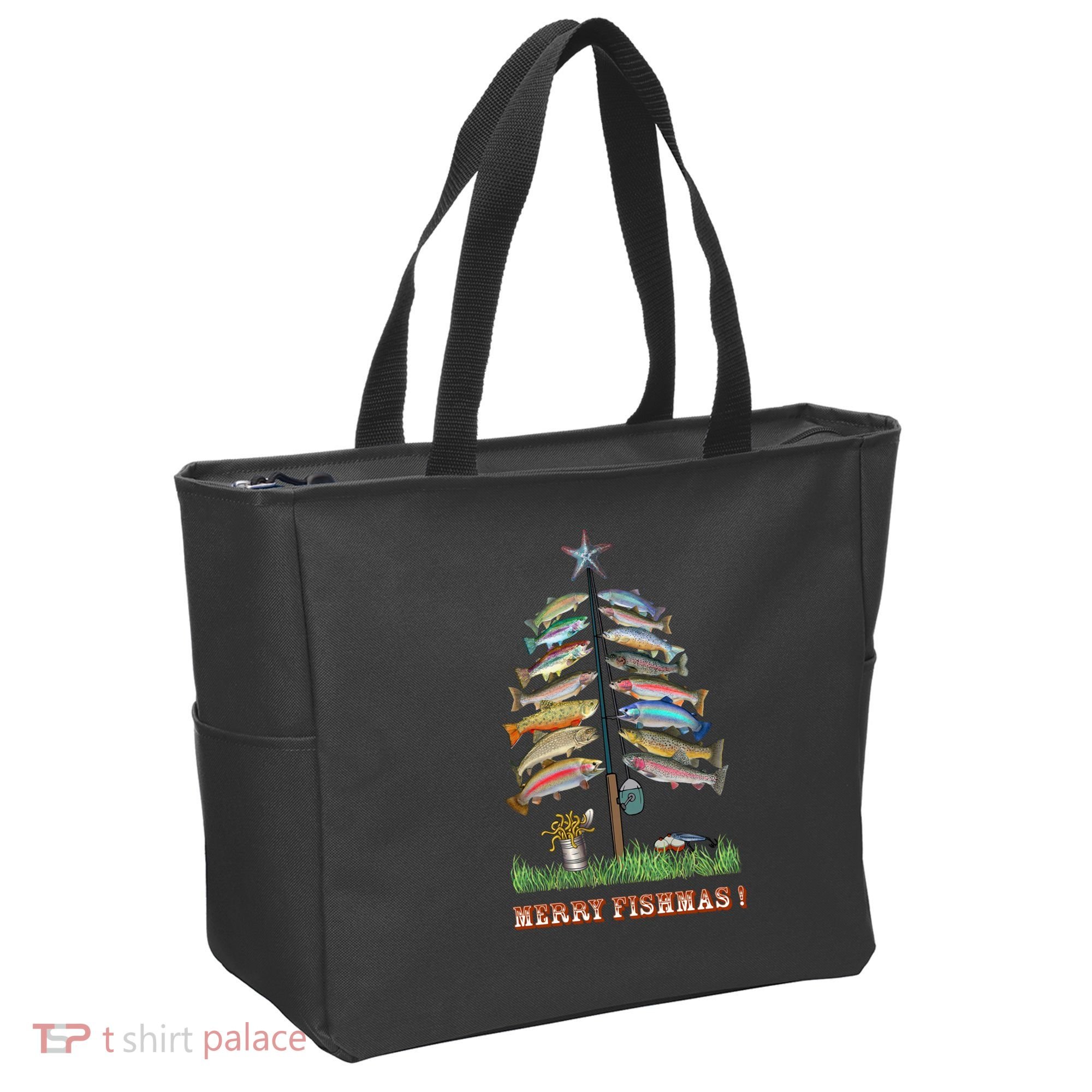 Merry Fishmas Christmas Fish Tree Xmas Lights Fishing Rod Tote Bag