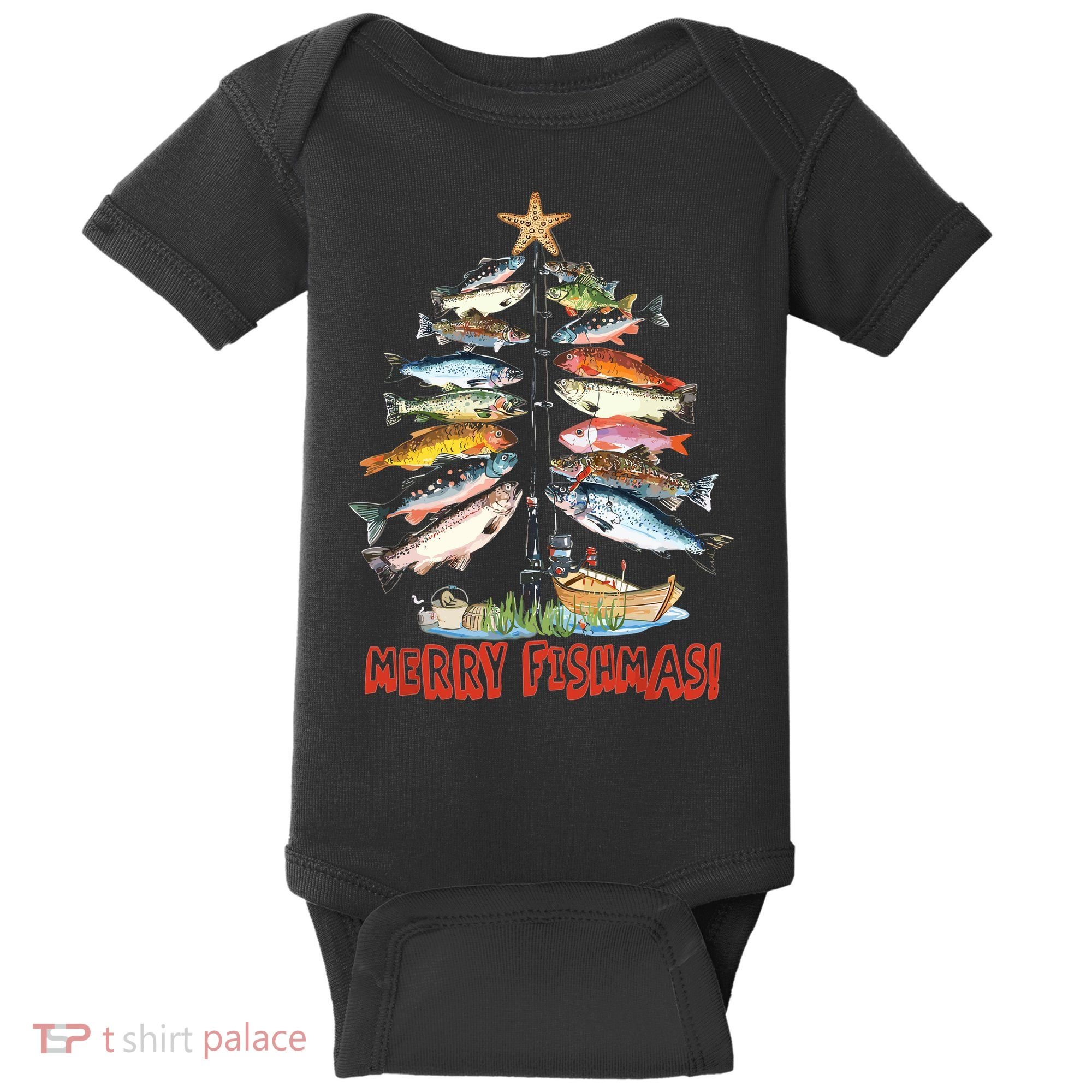 Merry Fishmas Christmas Tree Fish Funny Fishing Baby Bodysuit
