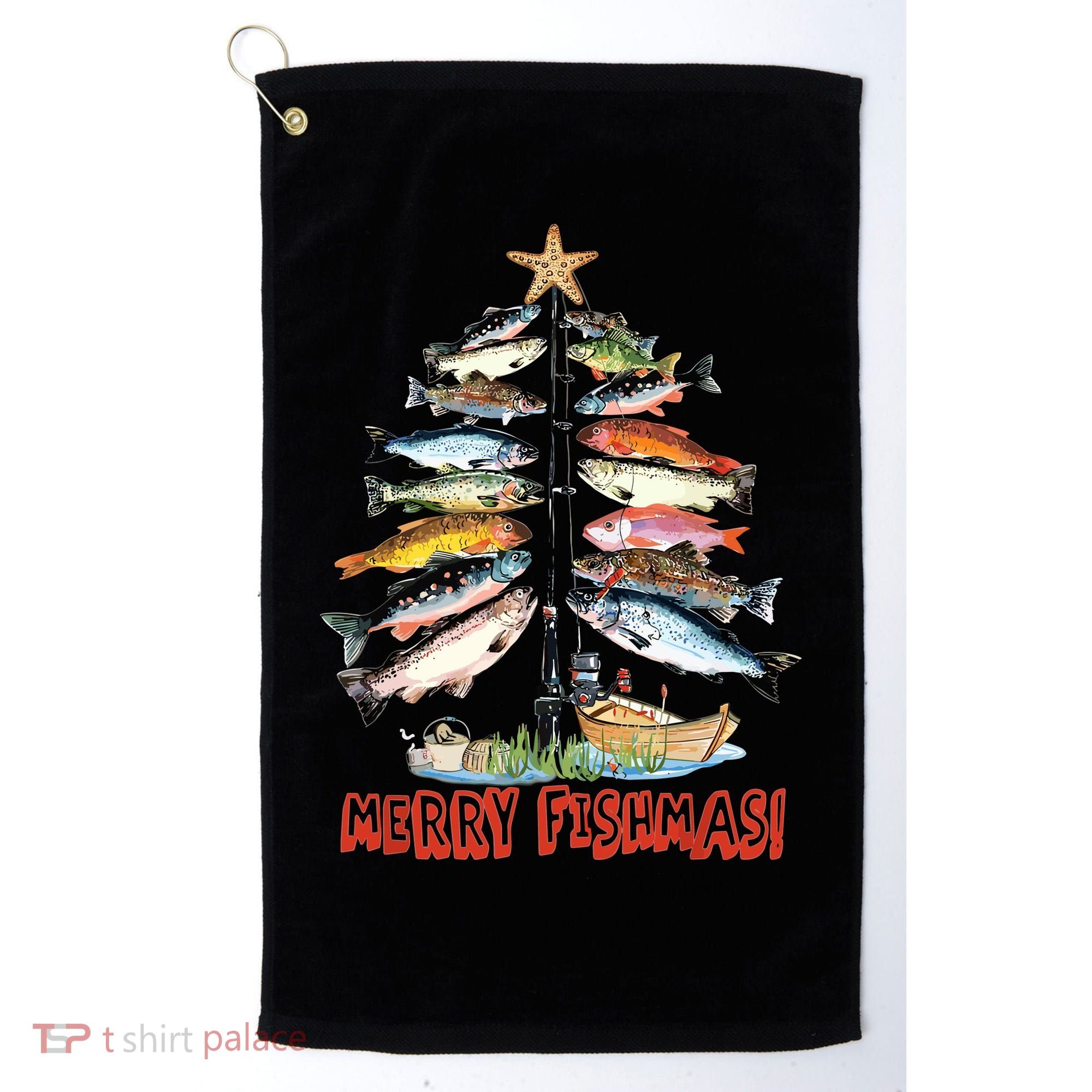 Merry Fishmas Christmas Tree Fish Funny Fishing Golf Towel