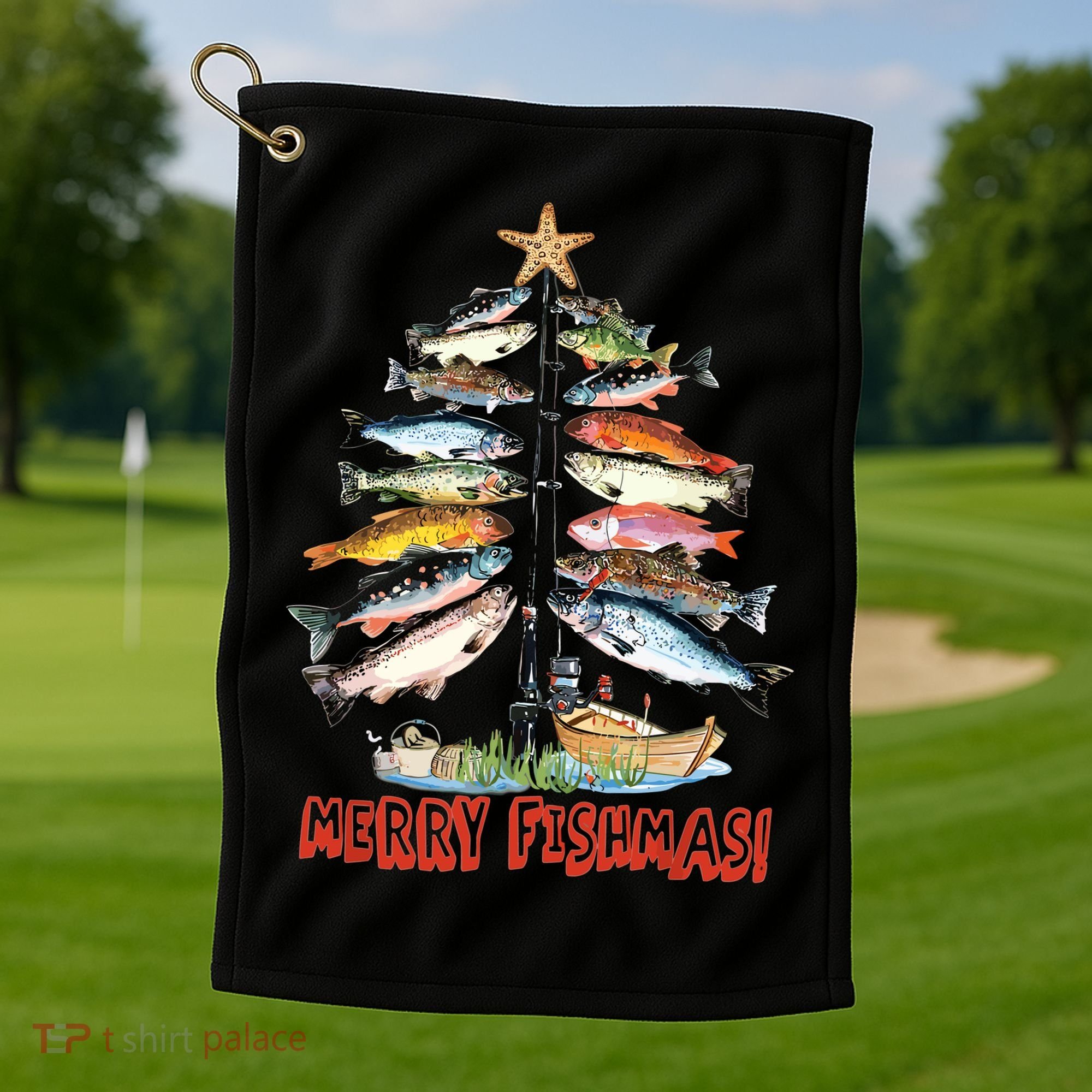Merry Fishmas Christmas Tree Fish Funny Fishing Golf Towel